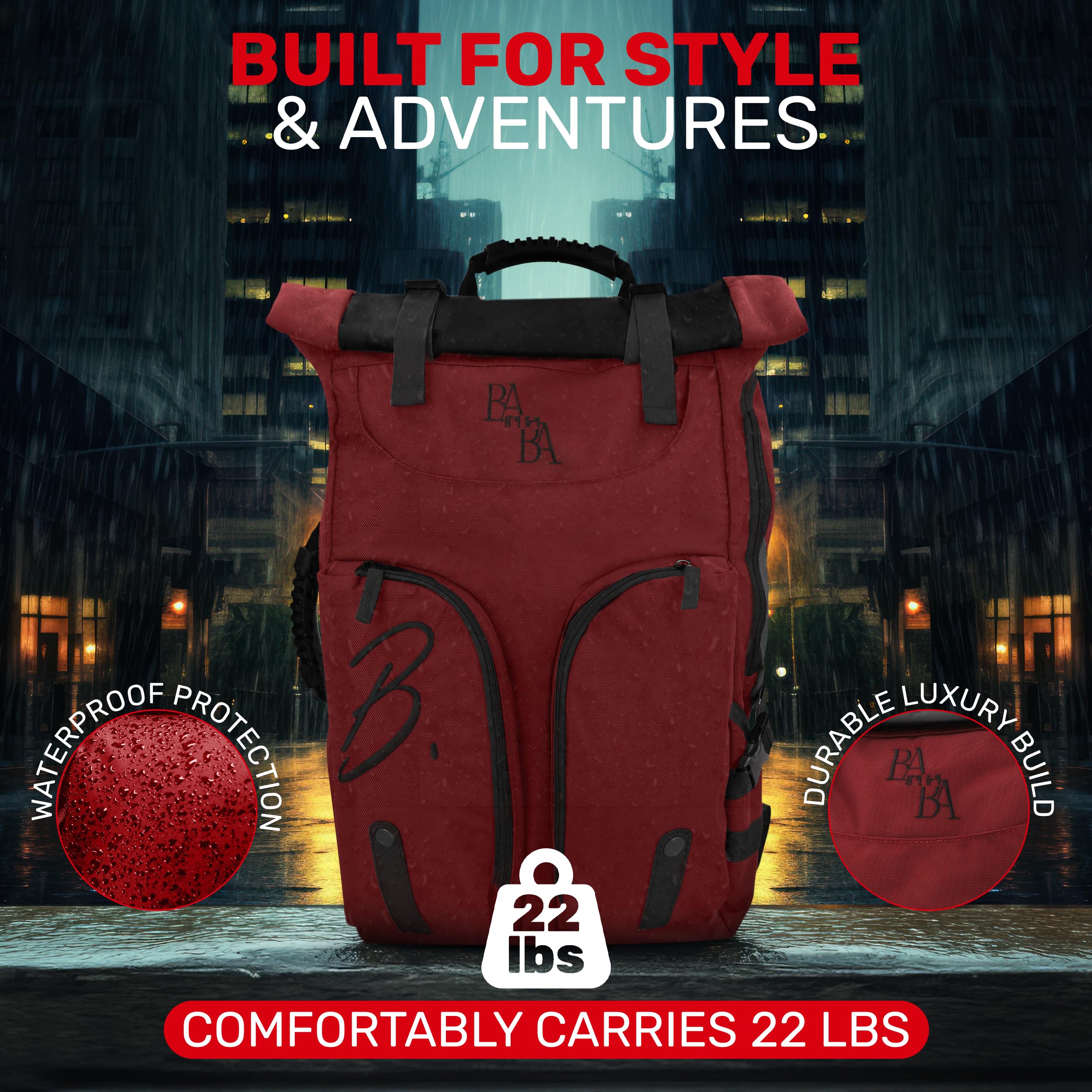BABA Motoni Waterproof Laptop Backpack for Women & Men - 17 Inch Laptop Backpack with Multiple Pockets, 37L Capacity, Durable Office & College Backpack - Perfect for Work, Travel & School (Red)