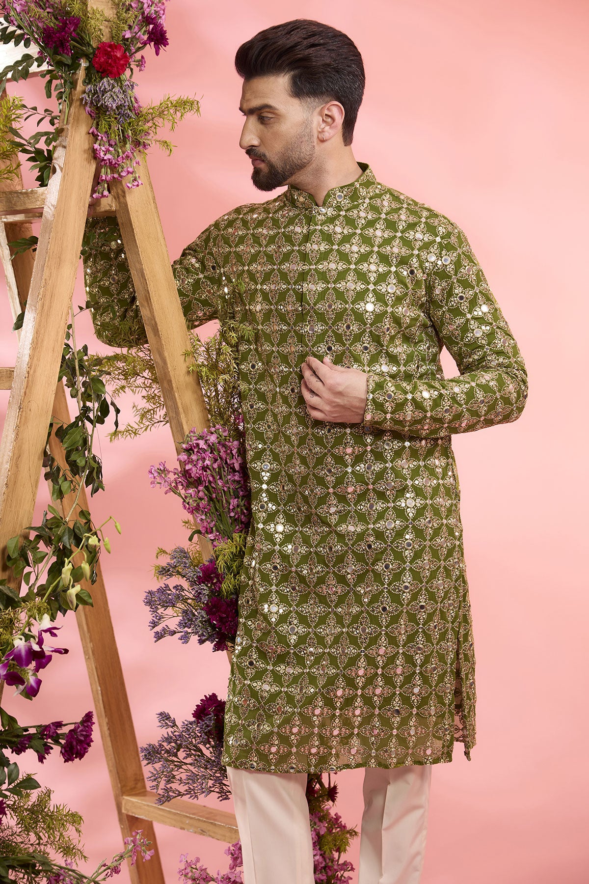 Lime Green Georgette Mirror Work Kurta for Women - Elegant Indian Embroidered Tunic for Festivals, Weddings & Special Occasions
