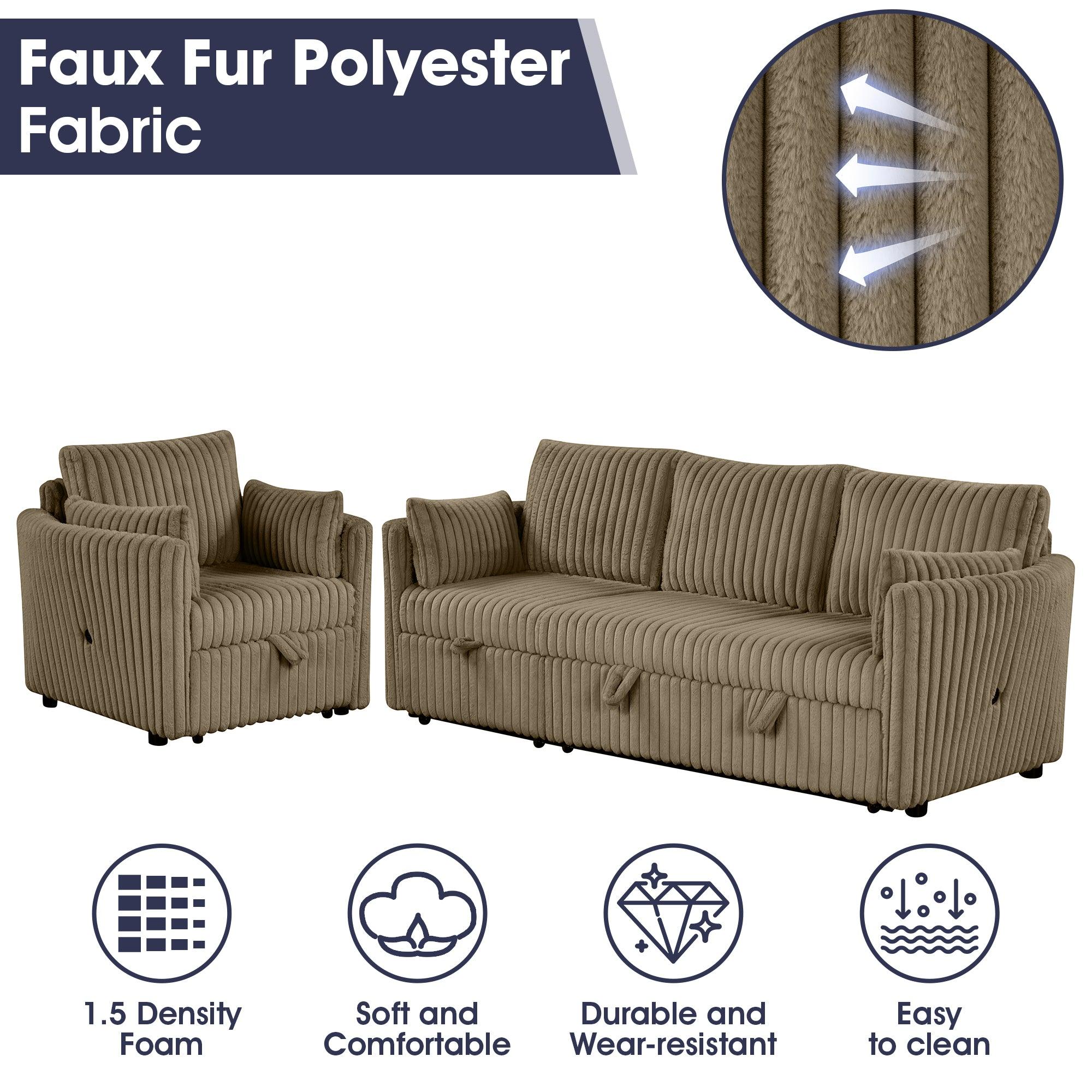 Luxury Brown Faux Fur Oversized Convertible Sectional Sofa - Sleeper Sofa, Daybed & Chair with 2 Pillows & USB Charging Ports - Perfect for Living Room, Home Theater & Guest Room Comfort