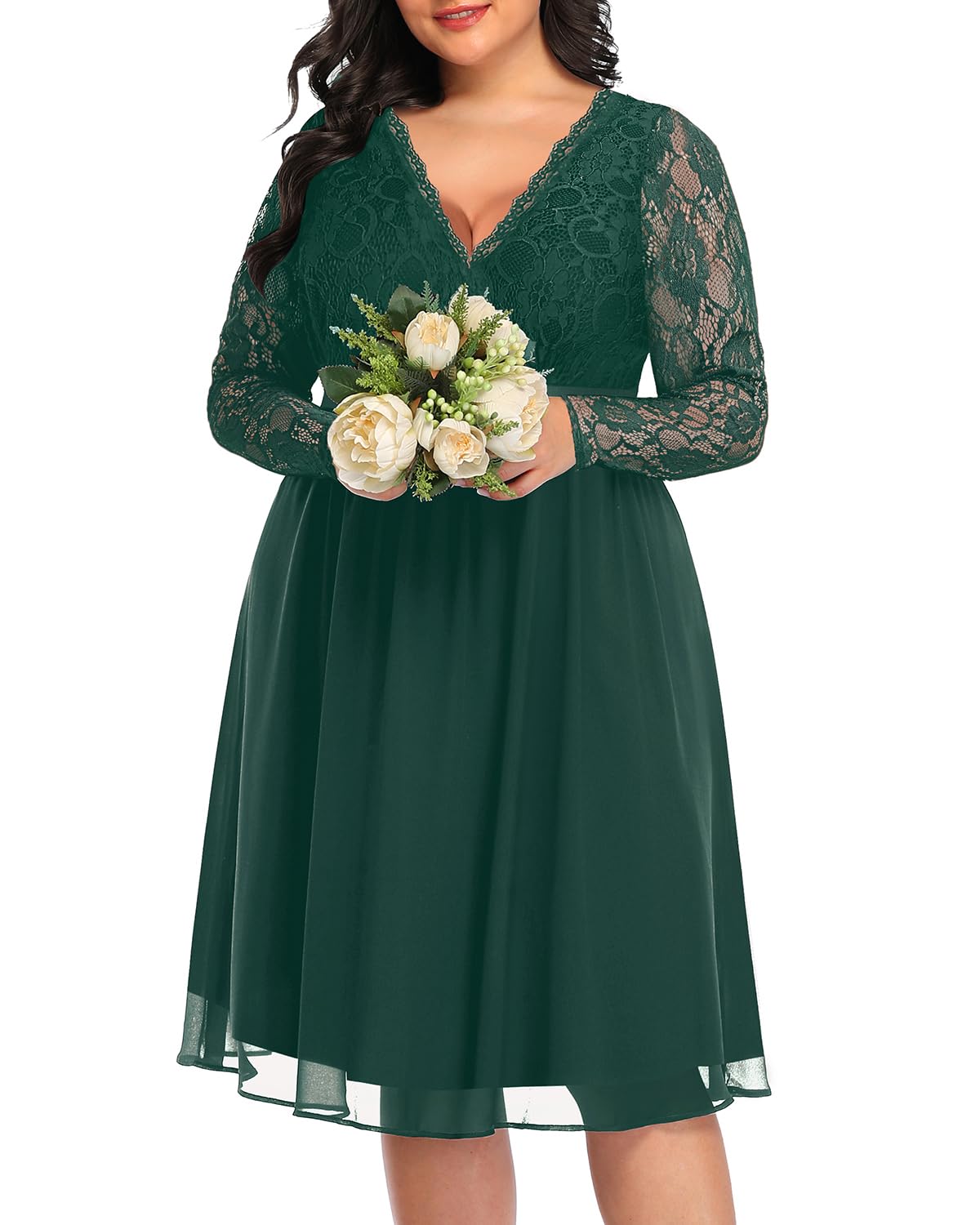 Plus Size Lace Chiffon Wrap V-Neck Cocktail Dress for Women - Elegant Wedding Guest Midi Dress - Perfect for Parties, Bridal Showers & Formal Events