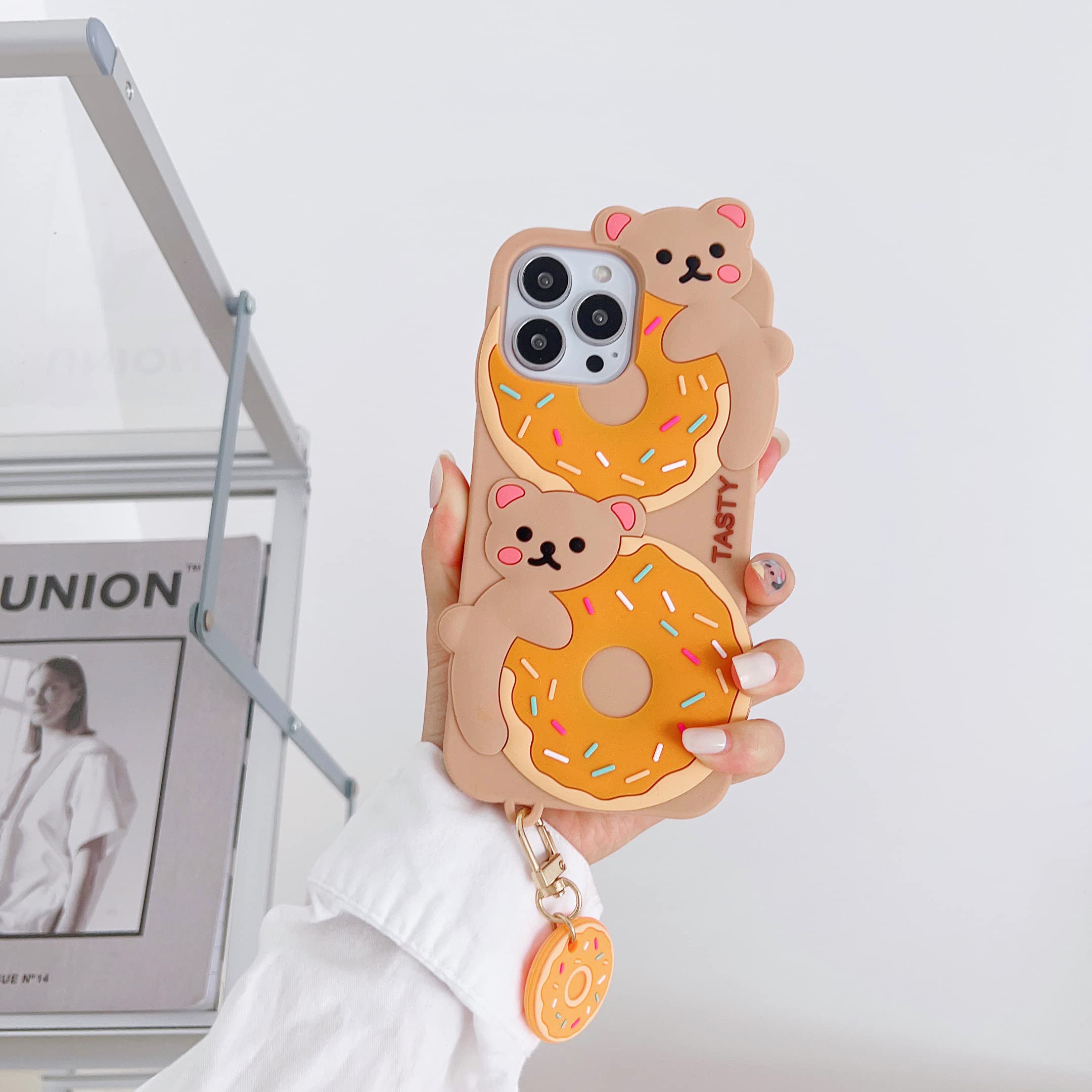 3D Cute Donut Bear Soft Silicone Case for iPhone 13 Pro (6.1 inch) - Cartoon Character Phone Cover for Kids, Girls & Women - Perfect for School, Work & Everyday Protection (Donut Bear Design)