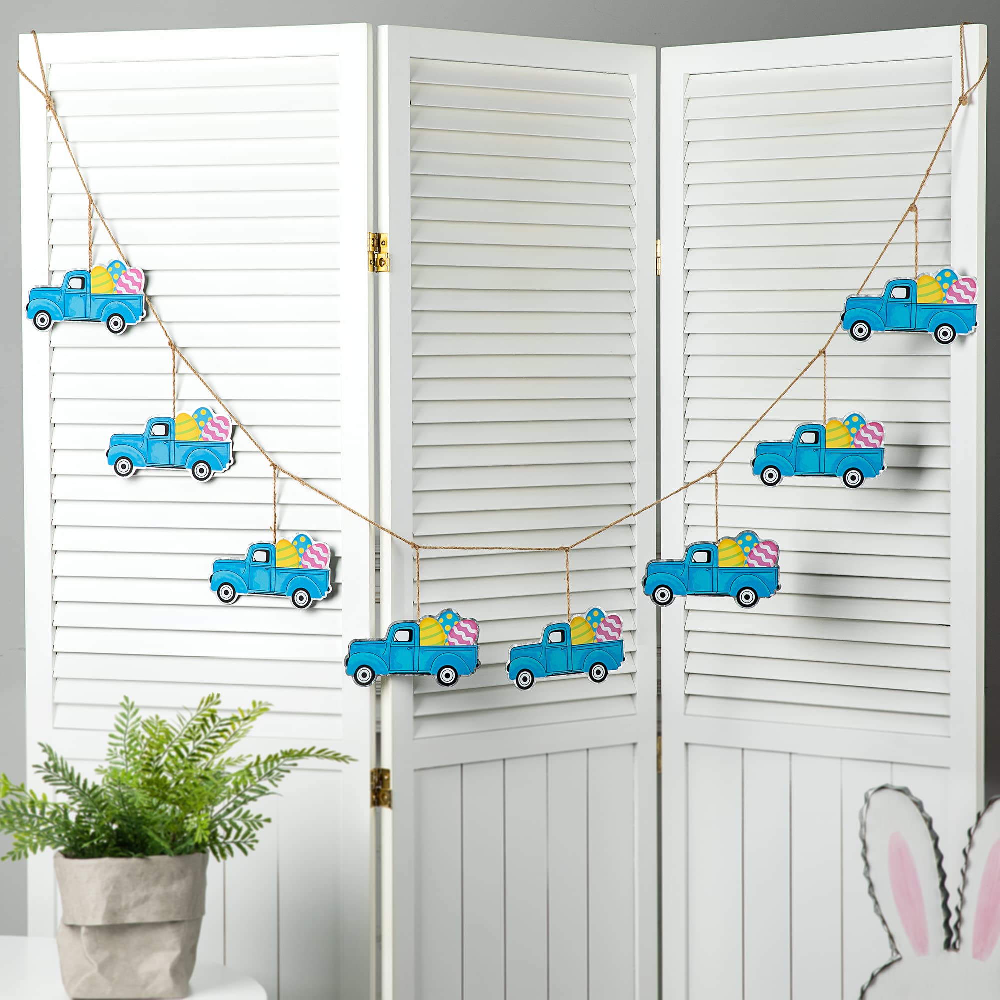 Gglitzhome 6ft Easter Metal Truck Garland - Hanging Egg Decor for Fireplace, Window, Wall, Front Door - Spring Party & Easter Celebration Decoration - Perfect for Home, Church, and Outdoor Festive Events