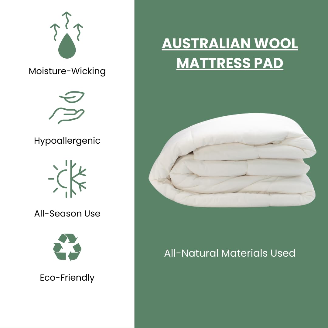 Premium Organic 100% Australian Wool Mattress Pad with Organic Cotton Cover - Twin XL Size | Moisture Wicking, Temperature Regulating, Ultra Soft & Breathable | Machine Washable for Easy Care | Perfect for Allergy Relief, Cool Sleep & Bedroom Comfort