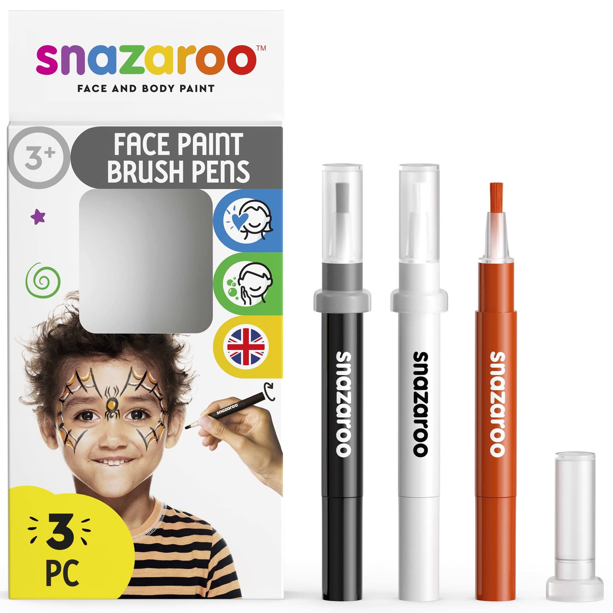 Snazaroo 3-Piece Halloween Face Paint Set - Black, White, Orange - Water-Based for Kids & Adults - Perfect for Costume Parties & Events