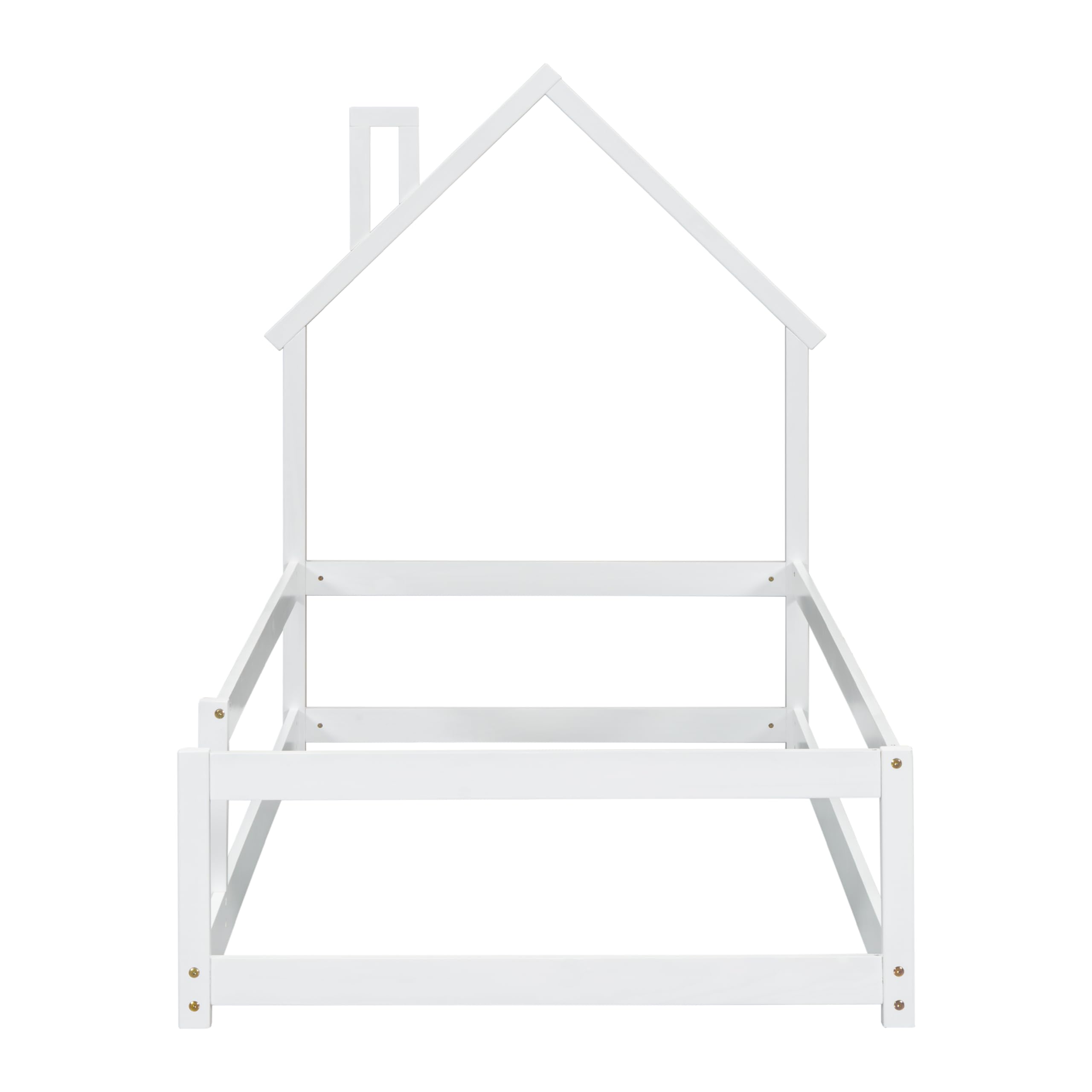 Bellemave Twin Size House-Shaped Headboard Floor Bed with Safety Fences - Solid Wood Montessori Bed for Kids, Toddlers & Teens - Playful House Bed Frame for Girls & Boys (White) - Perfect for Bedrooms, Playrooms & Montessori Learning Spaces