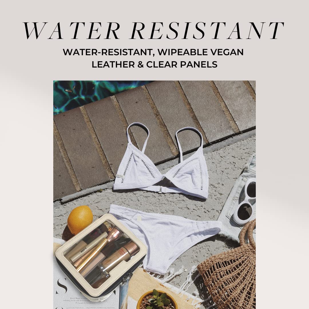 Vegan Leather Cream Toiletry Bag - Waterproof Clear PVC Zippered Cosmetic Makeup Wash Bag Organizer for Travel, Bathroom, Gym, and Daily Use - Perfect for Men and Women