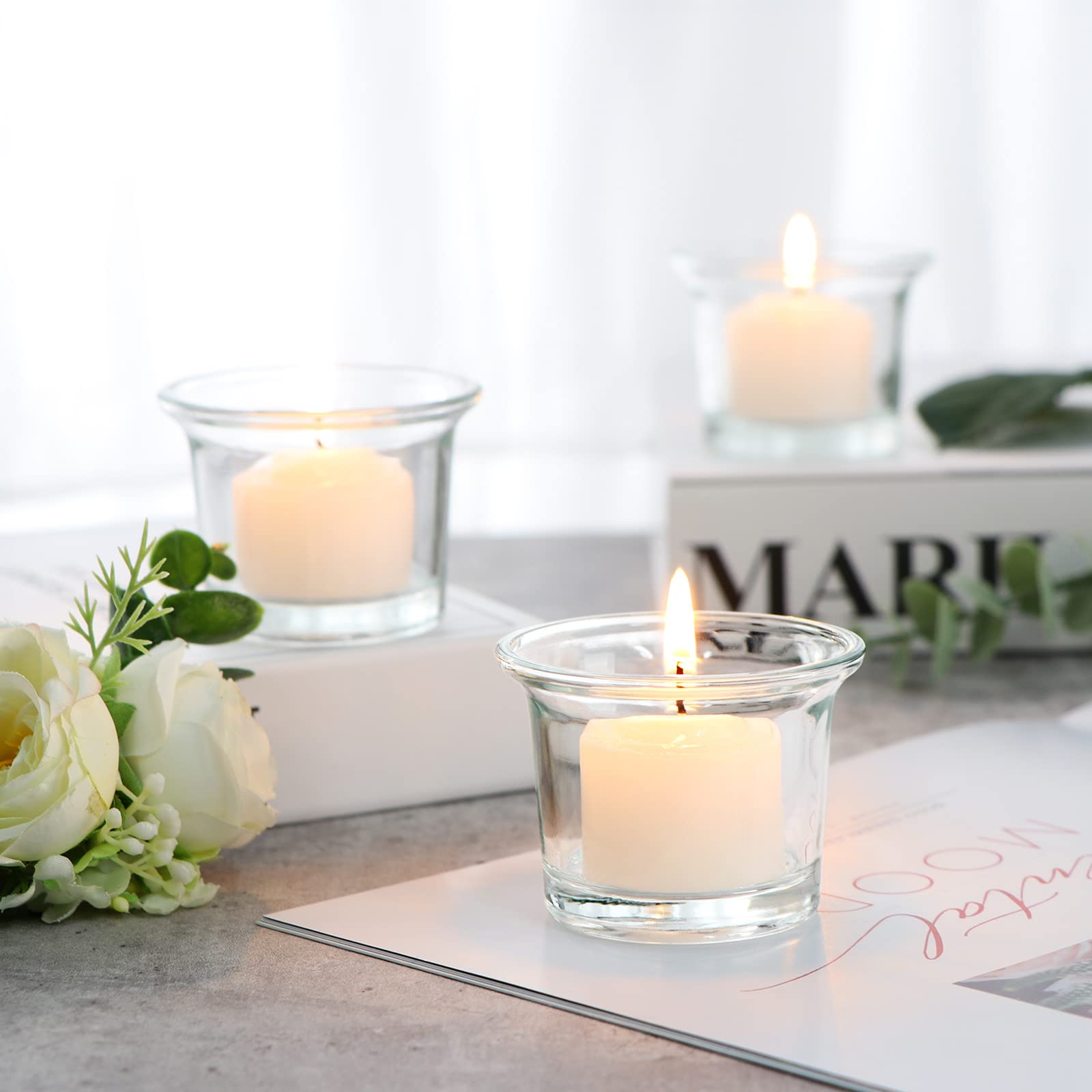 Letine Set of 12 Clear Glass Tealight Candle Holders - Bulk Votive Candle Holders for Christmas Decorations, Weddings, Parties & Home Decor - Perfect for Centerpieces, Table Settings and Romantic Ambiance