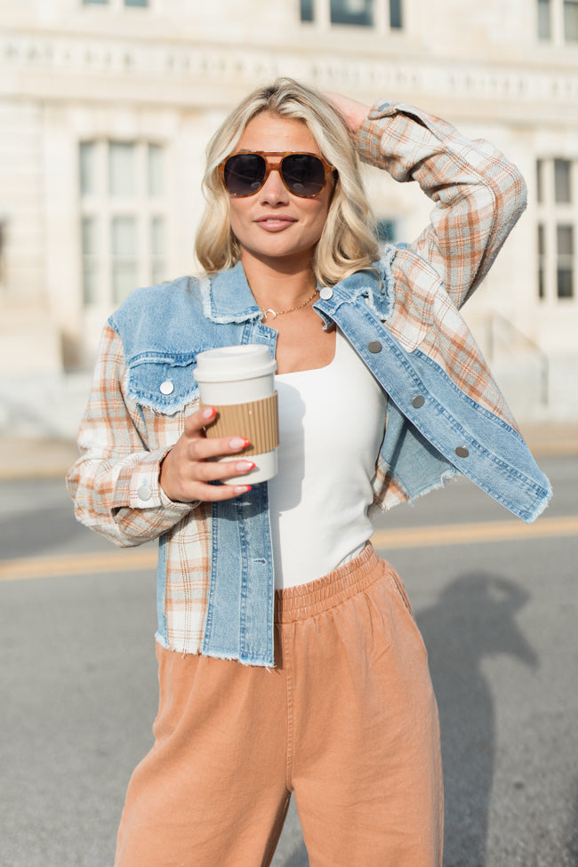 Stylish Brown Plaid & Denim Jacket for Men & Women | Trendy Casual Outerwear for Fall & Winter | Perfect for Outdoor Activities, Date Nights & Street Fashion