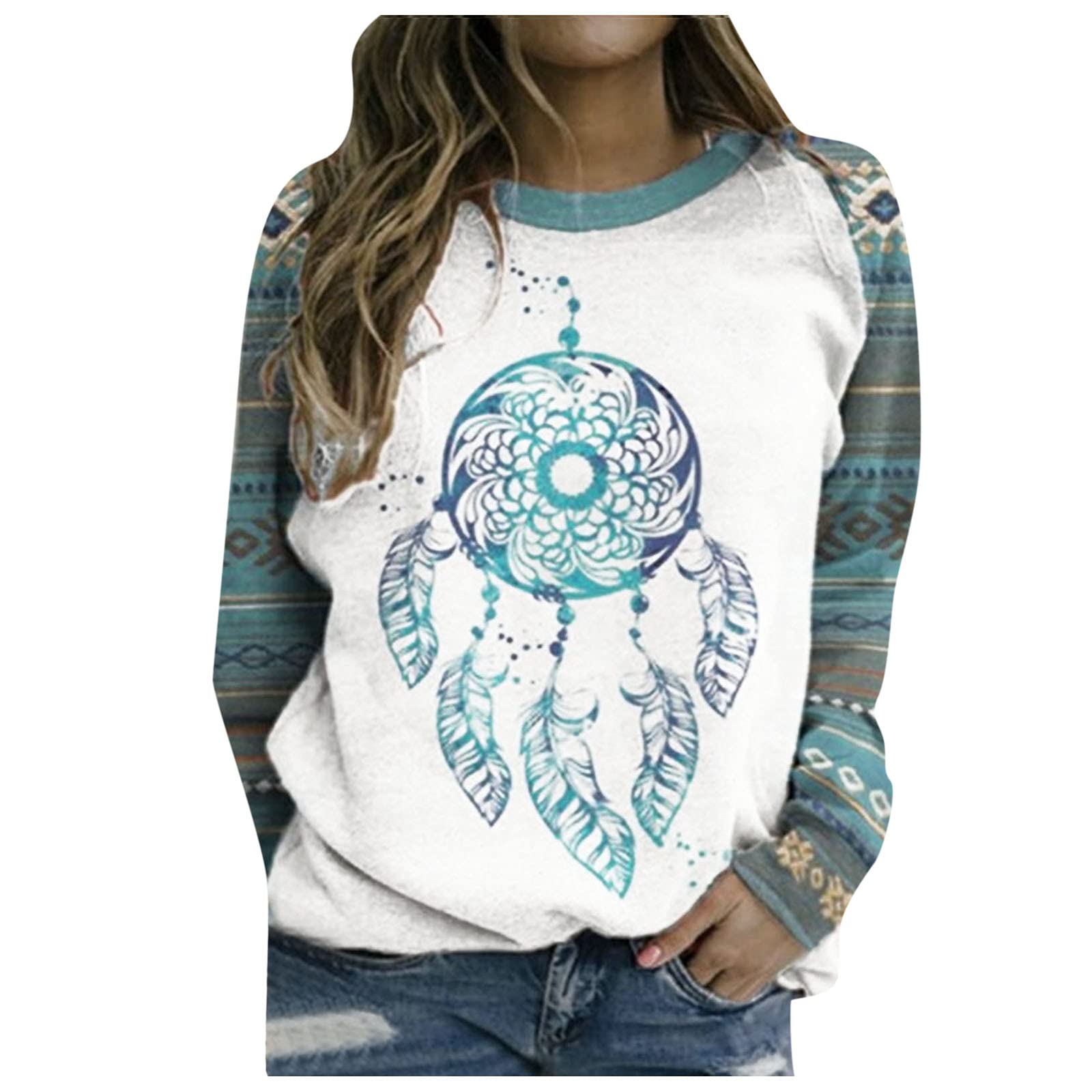 Women's Casual Long Sleeve Round Neck Loose Fit Thermal Printed T-Shirt Blouse - Yellow Gold Top for Everyday Wear, Work & Outings