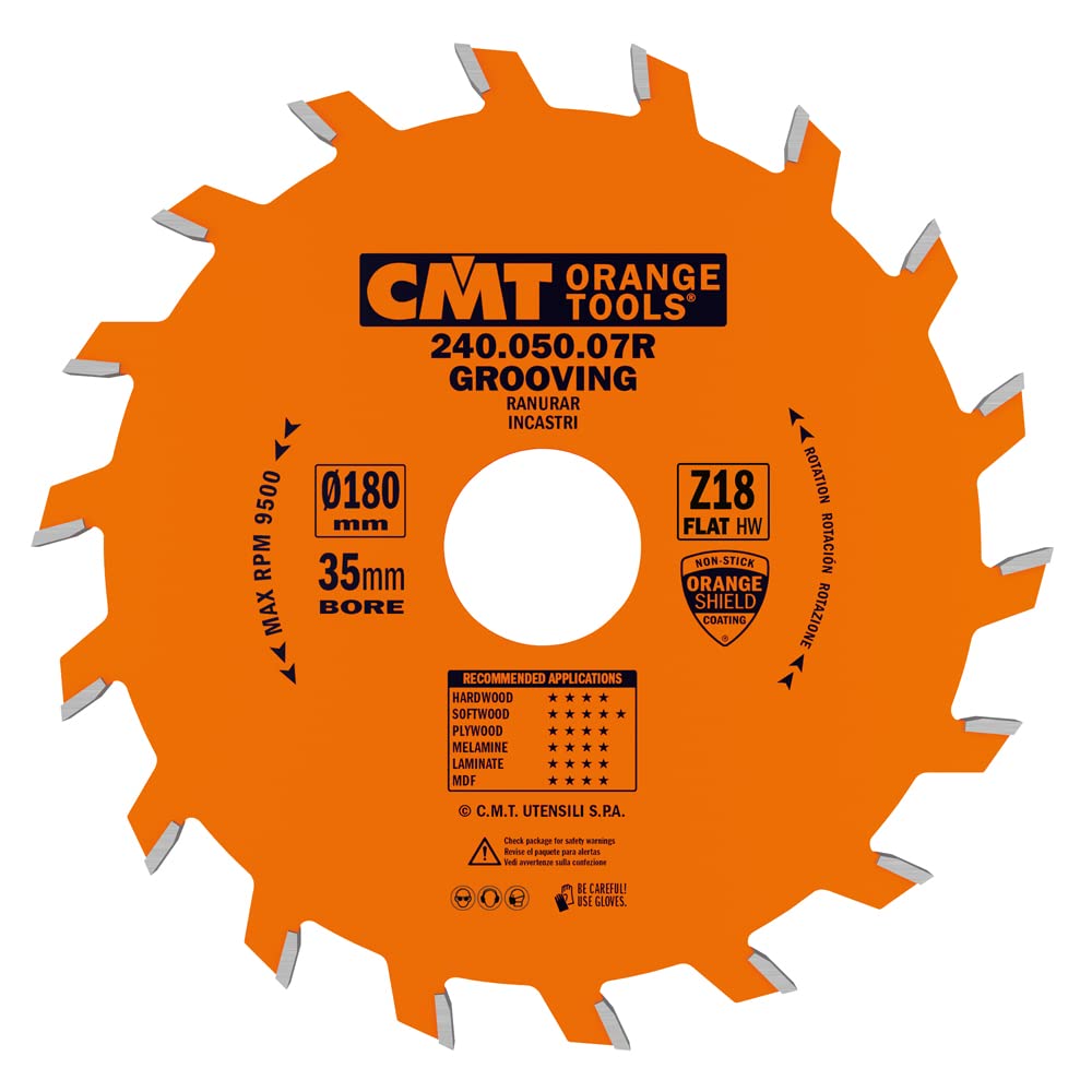 CMT Orange Tools 240.050.07R Straight Grooving Cutter Circular Saw Blade - 180mm x 5mm x 35mm, 18 Teeth - Perfect for Woodworking, Cabinetry & Precision Cutting