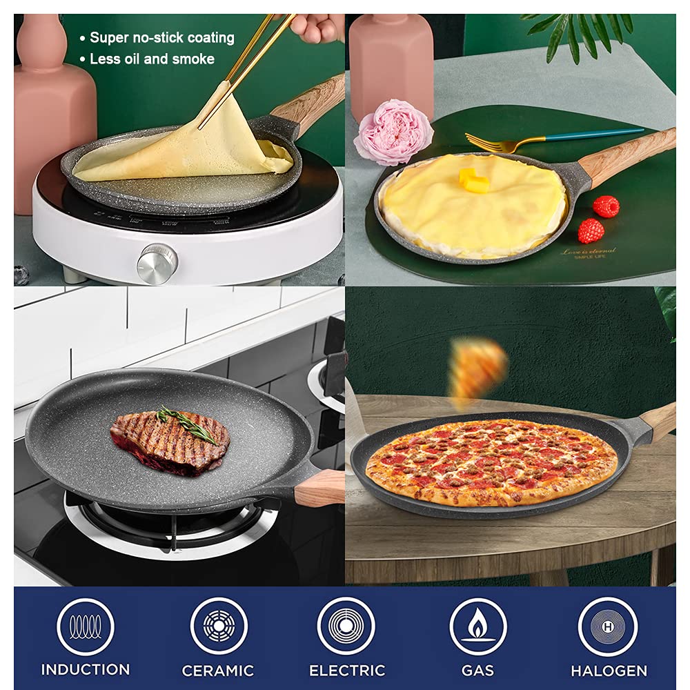 **24CM Non-Stick Cast Aluminum Pancake Pan with Heat-Resistant Wooden Handle - Professional Crepe & Pancake Maker for Induction, Gas & Electric Stoves - Perfect for Breakfast, Brunch & Family Cooking**