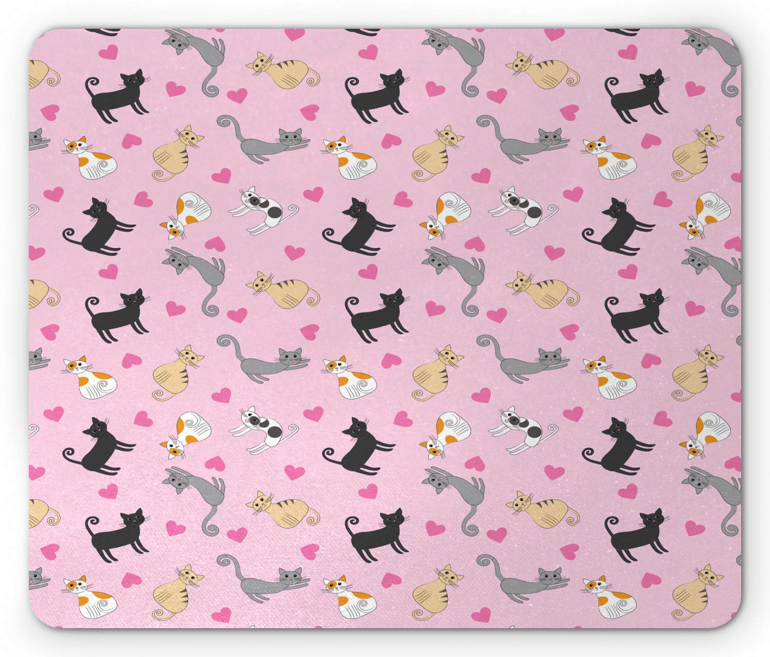 Ambesonne Non-Slip Rubber Mouse Pad with Colorful Cat Design - Pink Hearts, Happy Stretching Kittens - Standard Size Rectangle Mousepad for Office, Gaming & Home Computer Use
