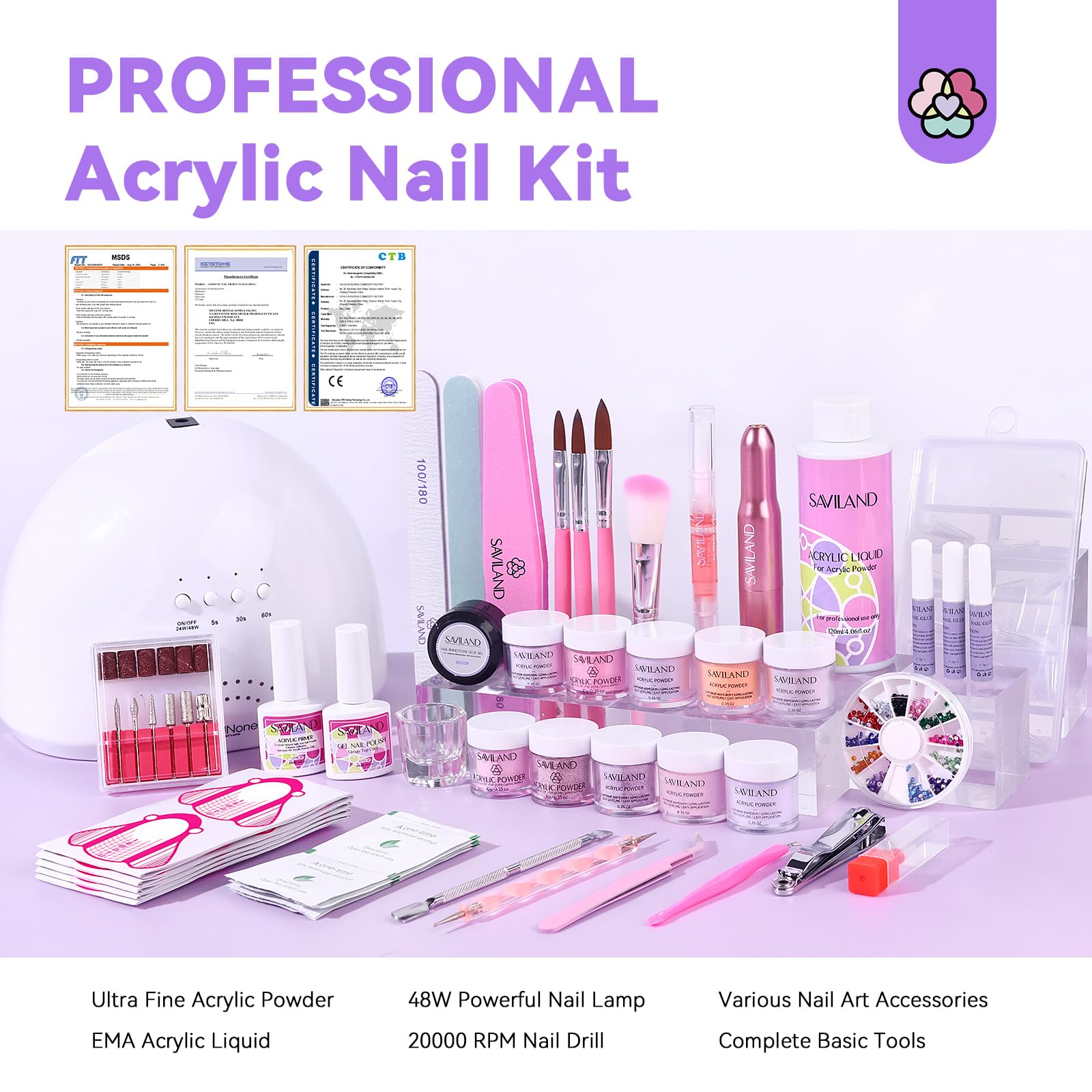 SAVILAND Professional Acrylic Nail Kit with Electric Drill - Complete Starter Set with Acrylic Powder, Liquid, Brush & Nail Extension Tools | Perfect for Salon, Home Manicure & DIY Nail Art