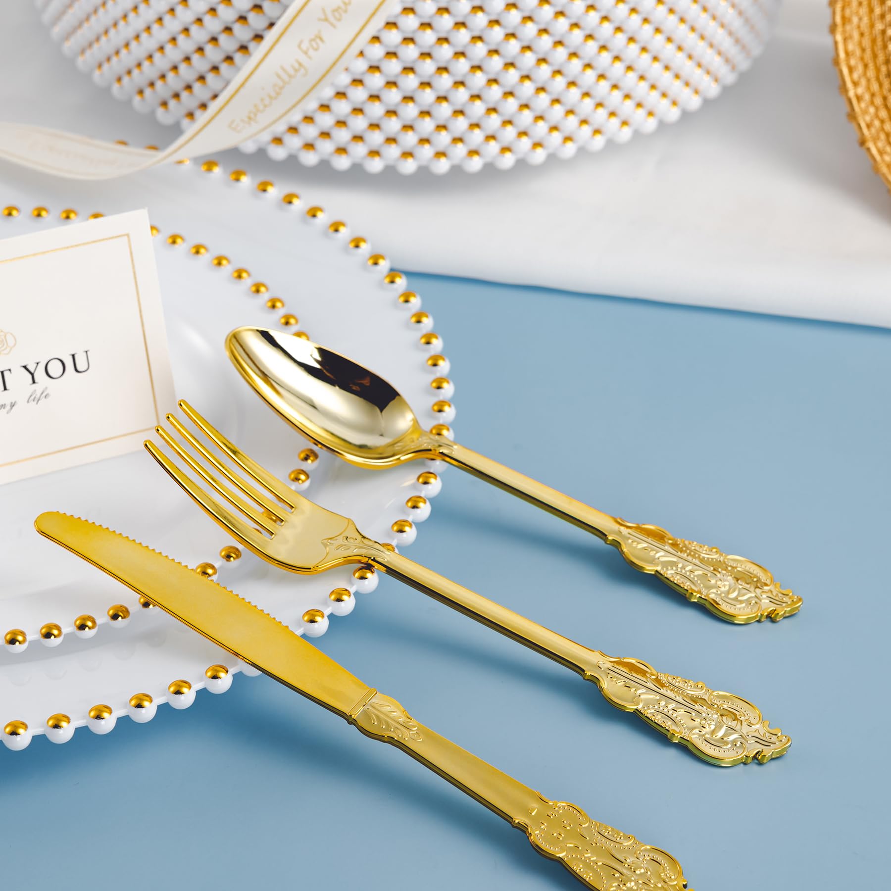 75-Piece Gold Plastic Dinnerware Set with Beaded Rim - 15 Dinner Plates, 15 Dessert Plates, 15 Forks, 15 Spoons, 15 Knives - Heavy Duty Disposable Tableware for Parties, Weddings & Special Events - Elegant & Durable for Catering, Banquets & Home Entertaining