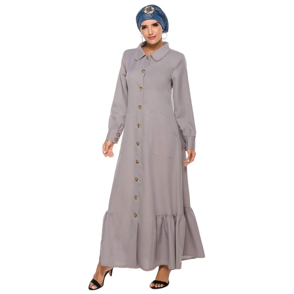 ZAJ Fashion Muslim Women's Long Sleeve Kimono Dress with Buttons & Ruffles - Modest Kaftan Jilbab Arabic Robe Dubai Clothing (Grey, Medium) - Perfect for Prayer, Eid, Wedding & Special Occasions
