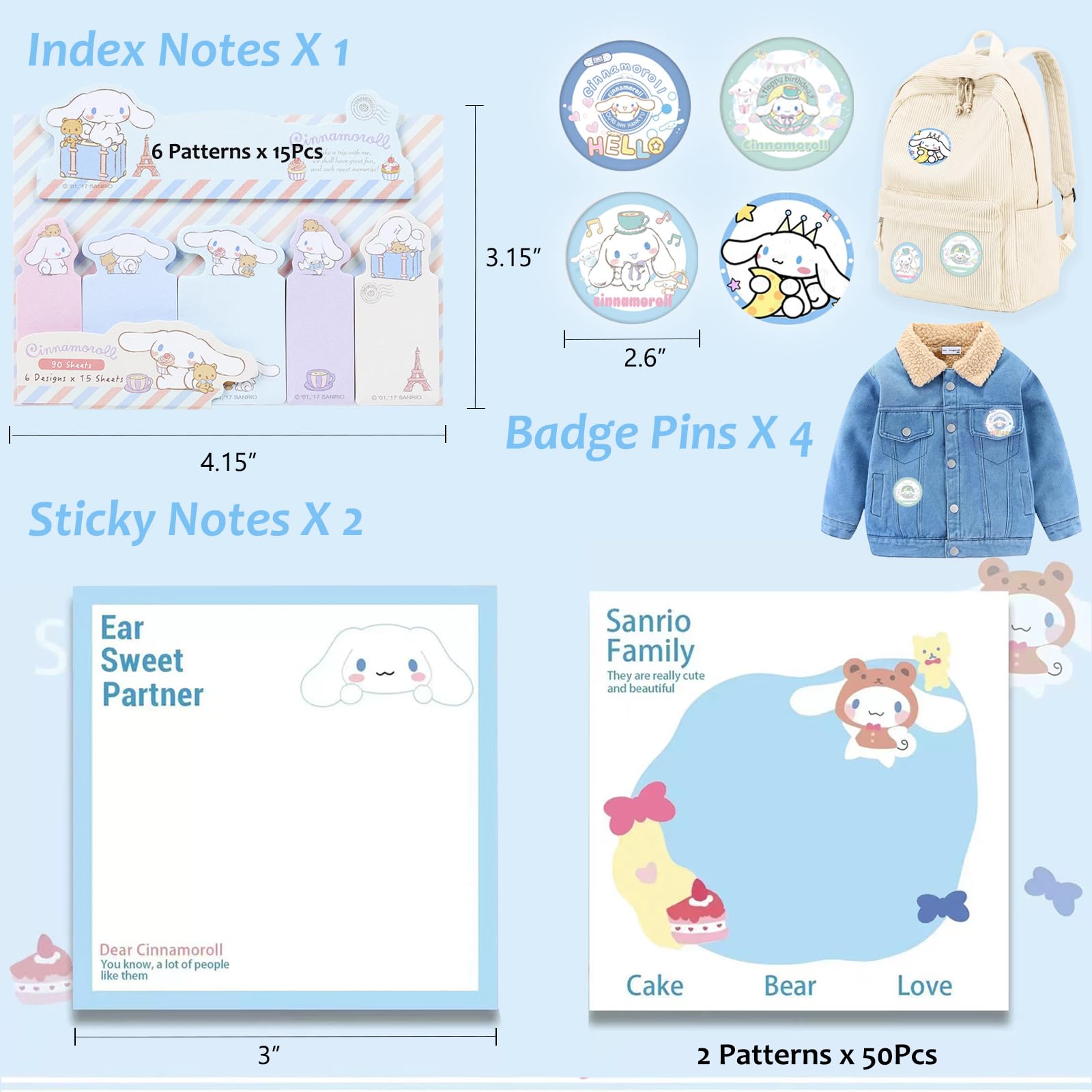 Sanrio Cinnamoroll Anime School & Office Supplies Set - Pencil Case, Pens, Stickers, Badge Pins, Keychain, Lanyard with ID Holder, Ruler, Sticky Notes, Phone Stand & Gift Bag (Blue) - Perfect for Students, Anime Fans & Kawaii Lovers
