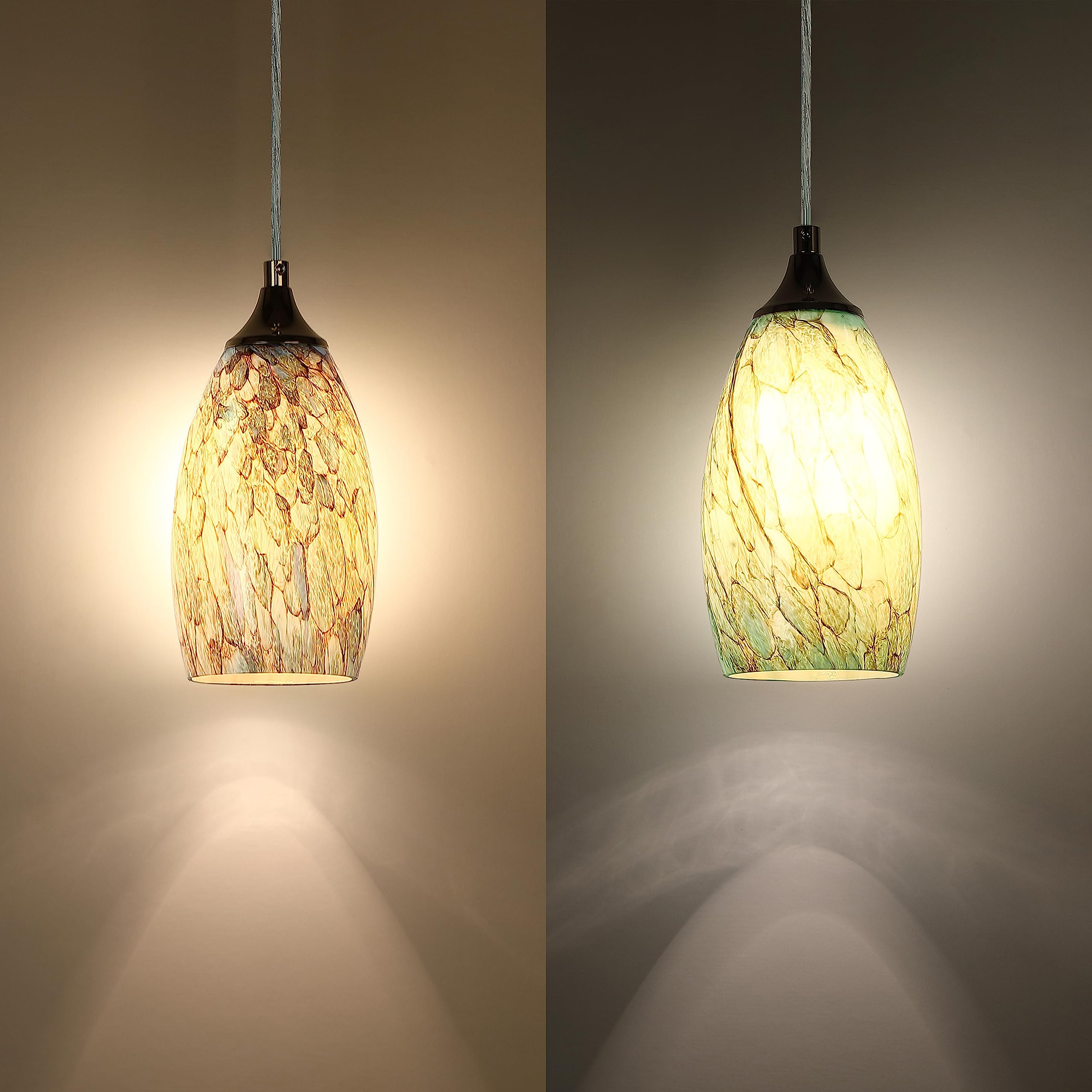3 Pack Mini Hanging Pendant Lights - Polished Nickel Finish Handcrafted Art Glass Shade for Kitchen Island, Bar, Dining Room & Over Sink | Peacock Blue Glass | Indoor Decorative Lighting for Modern Home Decor