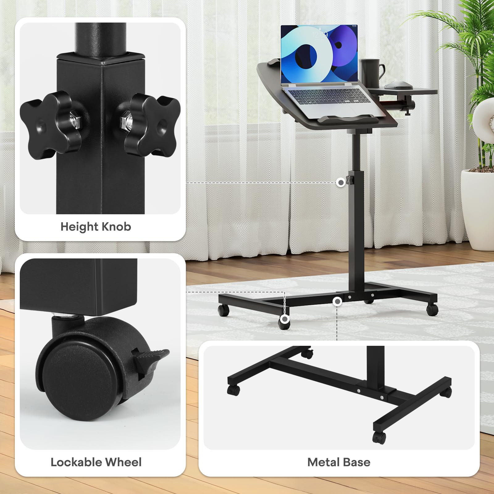 Adjustable Height Rolling Laptop Stand Cart - Mobile Portable Sit to Stand Desk Workstation for Home Office (Black) | Perfect for Small Spaces, Remote Work & Ergonomic Computing Setup