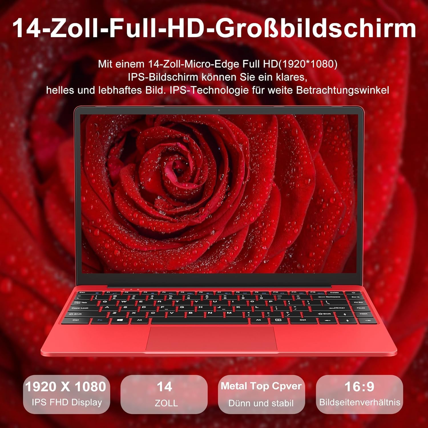 WOZIFAN 14 Inch Laptop - Windows 11, 256GB SSD (Expandable to 1TB), 1080P FHD Display, 2.4G+5G WiFi, Bluetooth, HDMI - Includes Wireless Mouse & German Keyboard Stickers (Red) - Perfect for Work, Study, and Home Entertainment