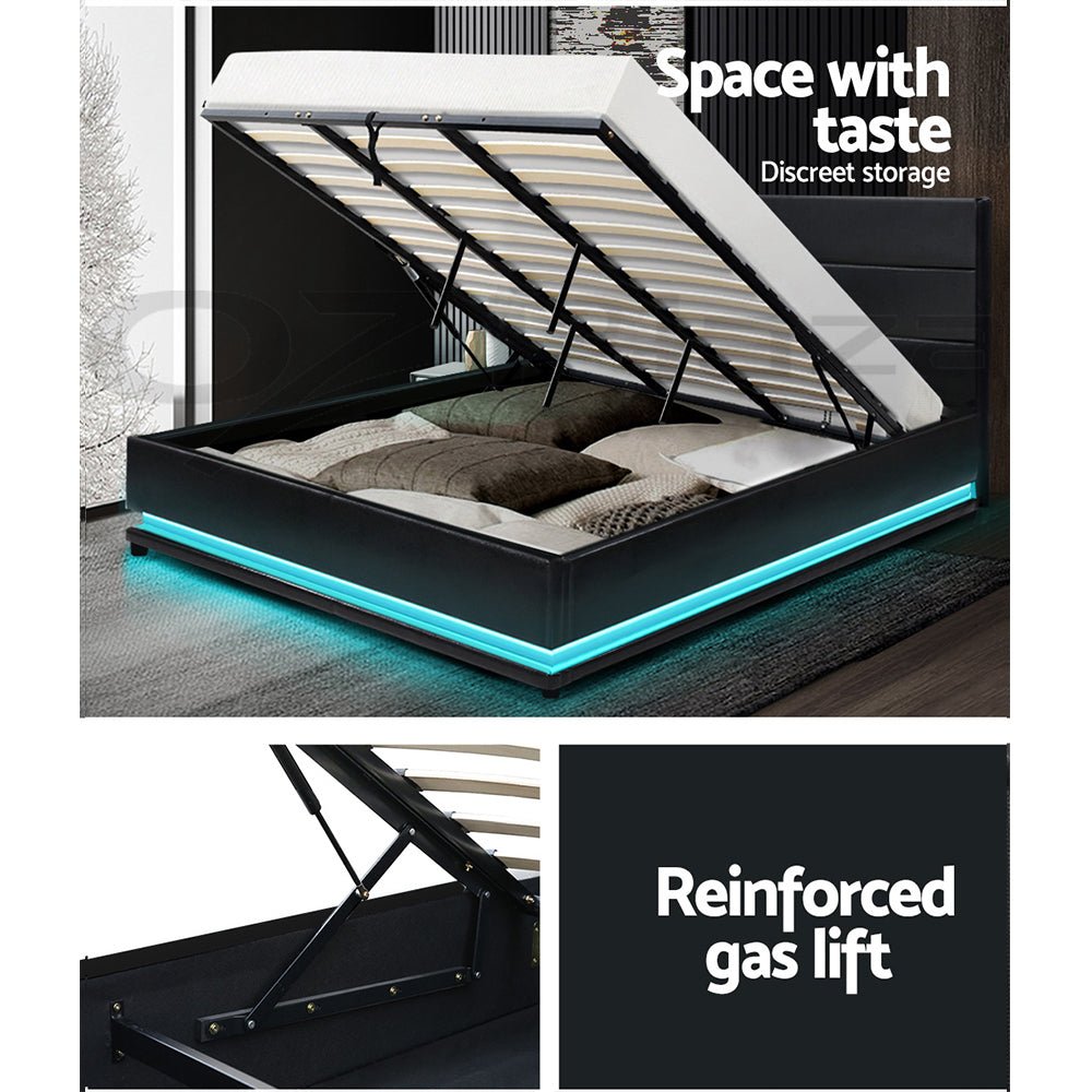 Henley King Gas Lift Storage Bed Frame with LED Lights - Queen Size, Black, Modern Platform Bed with Underbed Storage for Small Spaces, Perfect for Apartments & Bedrooms