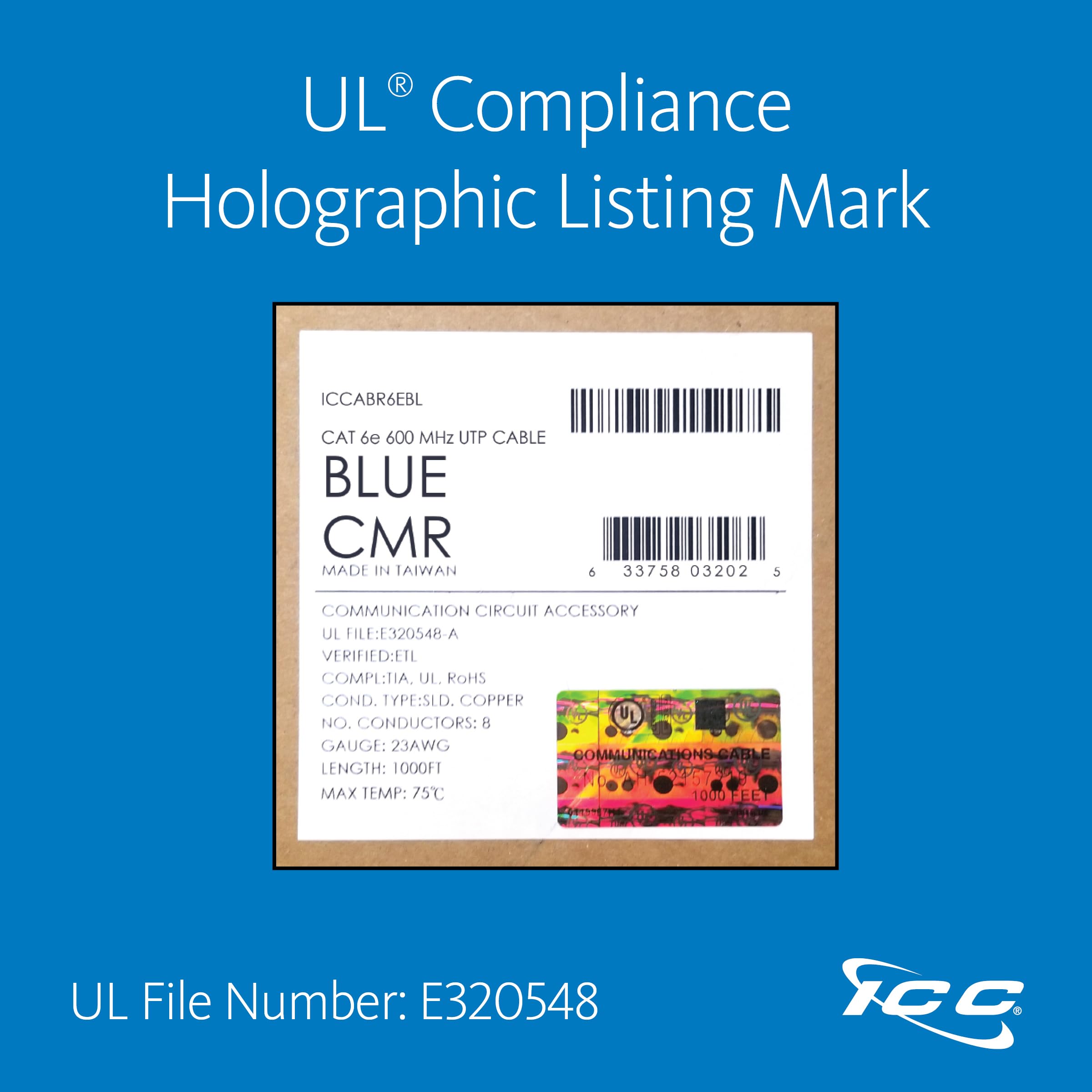 ICC Cat6e CMR Riser 1000ft Bulk Ethernet Cable - 23AWG Solid Pure Copper, Unshielded UTP, PoE++ 600MHz, UL Certified & RoHS Compliant - Ideal for Office Networking, Data Centers, and High-Speed Internet Installations