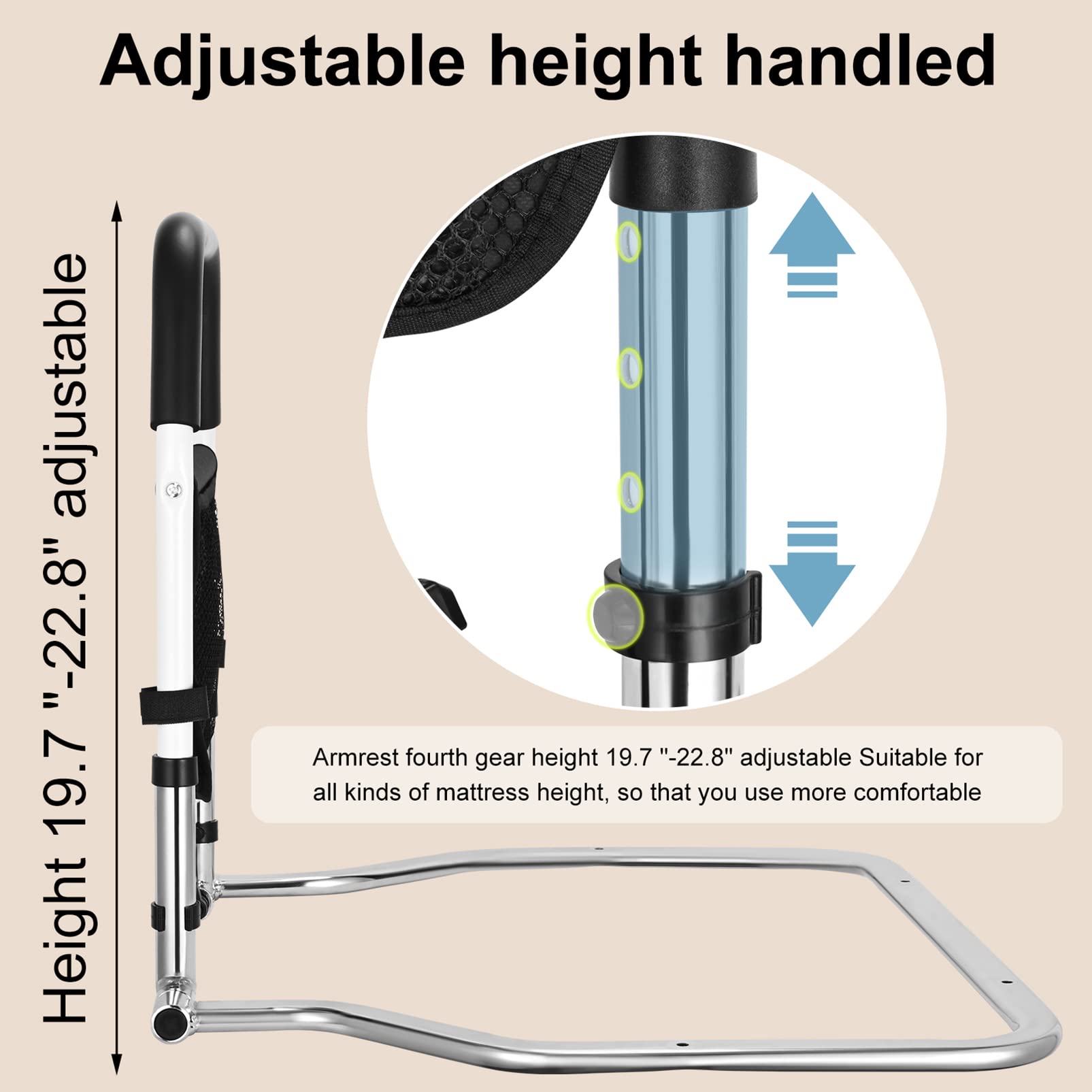Elderly Bedside Guardrail - Adjustable Bed Safety Rail for Seniors & Adults with Storage Pocket - Bed Assist Grab Bar Handle for Fall Prevention - Perfect for Home Care, Hospitals & Assisted Living Facilities