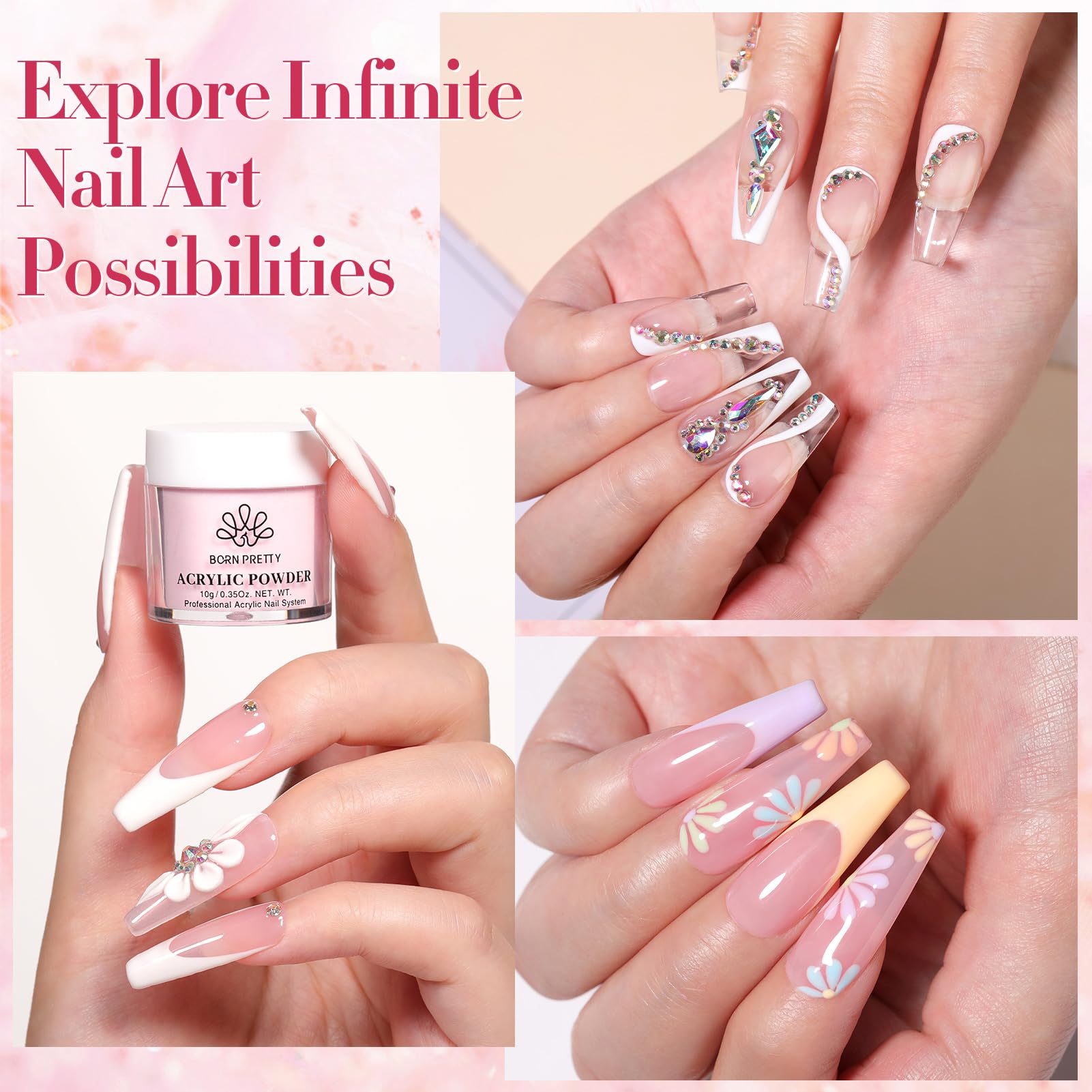 BORN PRETTY Professional Acrylic Nail Kit with Clear Pink & Milky White Powder - 3 Boxes Acrylic Nail Powder, 60ML Liquid, Nail Tips & Complete Tool Set for Salon & Home Manicure