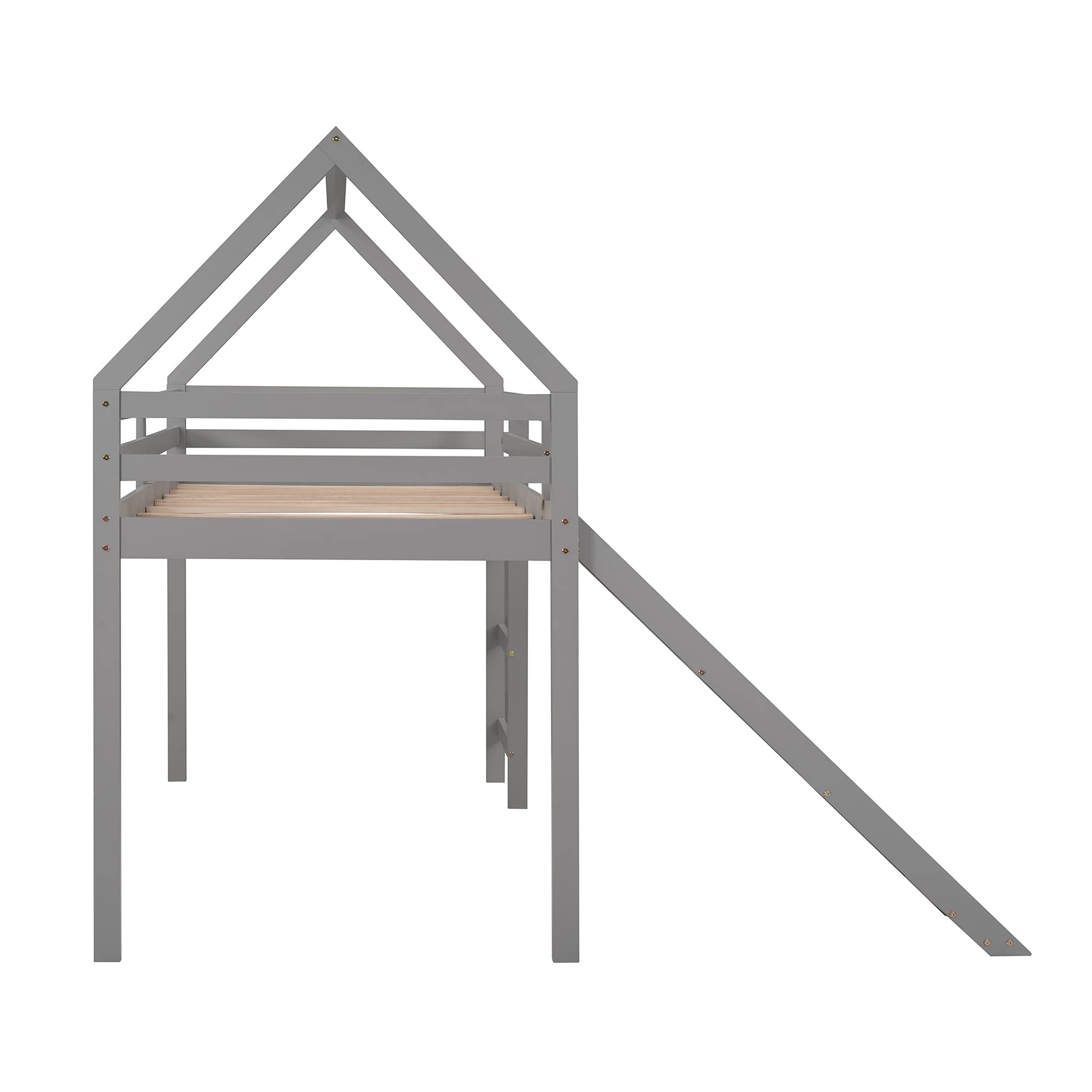 Twin Size Loft Bed with Slide - Kids House Bed with Roof & Ladder, Space-Saving Wooden Bed Frame, No Box Spring Needed (Gray) - Perfect for Small Bedrooms, Playrooms & Kids' Sleepovers