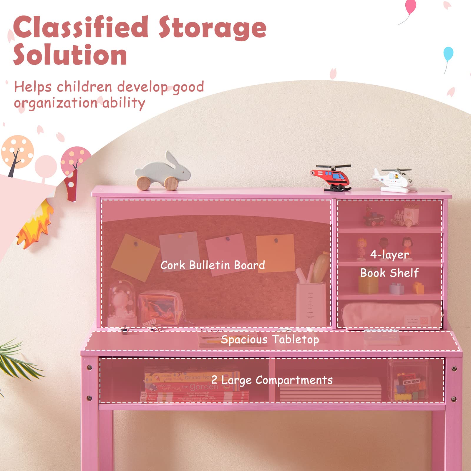 Costzon Kids Desk and Chair Set - Adjustable Wooden Study Desk with Storage Hutch, Cork Bulletin Board & Bookcase | Ergonomic Student Writing & Computer Workstation for Bedroom, Study Room & Homeschooling - Pink (Perfect for Remote Learning & Homework Organization)