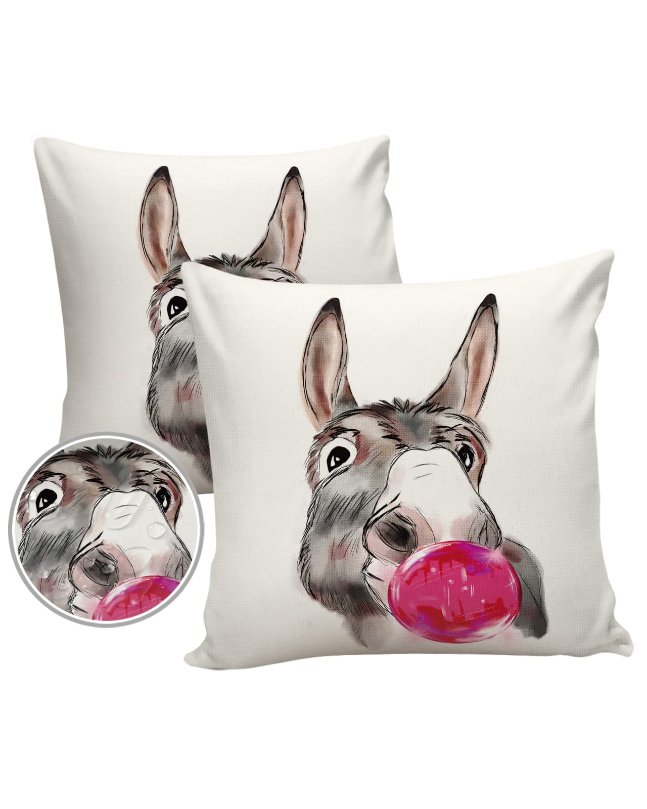 **Premium Outdoor Pillow Covers Set of 2 - Waterproof Decorative Throw Pillow Cases with Lovely Donkey & Red Bubbles Design, Soft White Cotton Linen for Patio, Garden, or Porch**    *Use Case: Perfect for outdoor relaxation, garden decor, or adding a cozy touch to your patio furniture.*