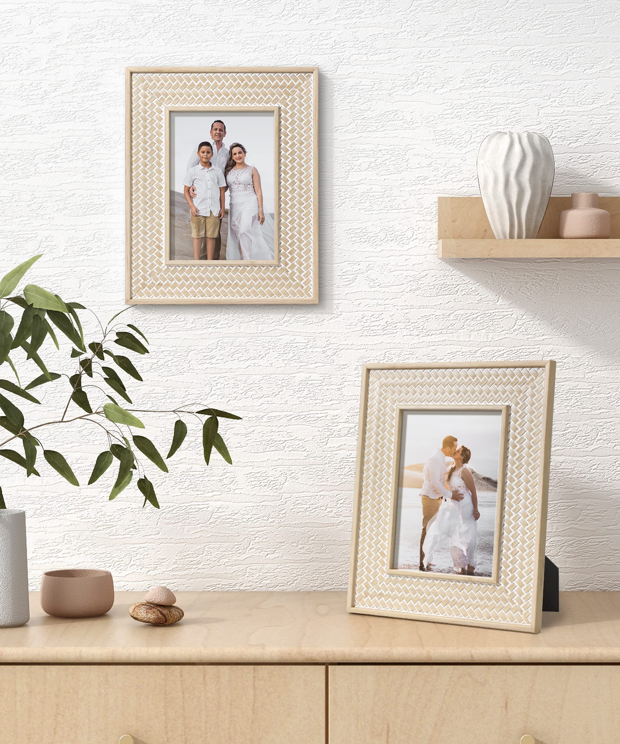 Afuly 5x7 Picture Frame - Natural Boho Beige Wood Photo Frame for Wall or Desk Decor, Wedding Gift for Couples, Grandma, Mom & Women | Perfect for Home, Office, Nursery & Bohemian Style Spaces