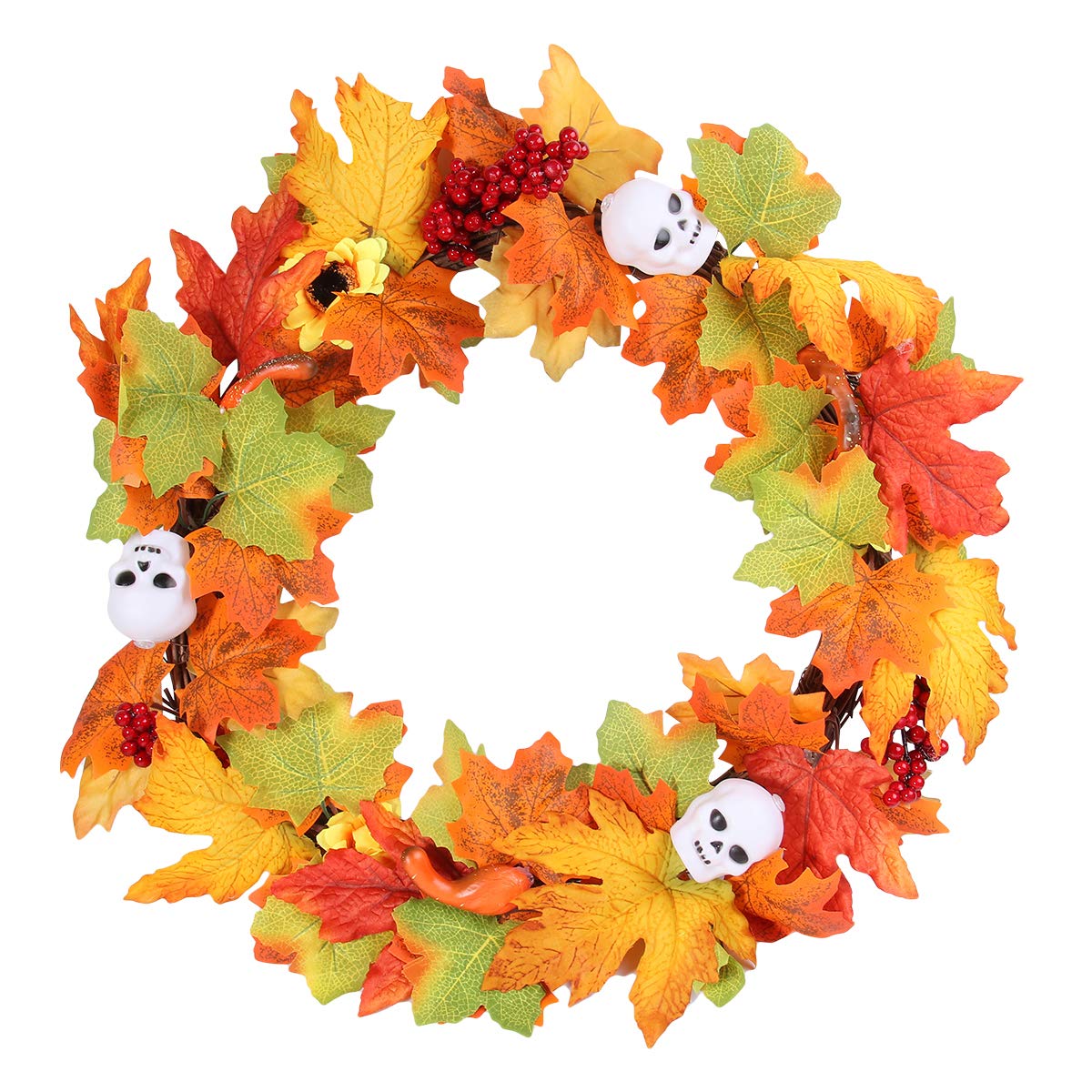Skull Shaped Halloween Wreath - Orange Gothic Party Garland for Door Decor, Halloween Party, Haunted House & Spooky Home Decoration