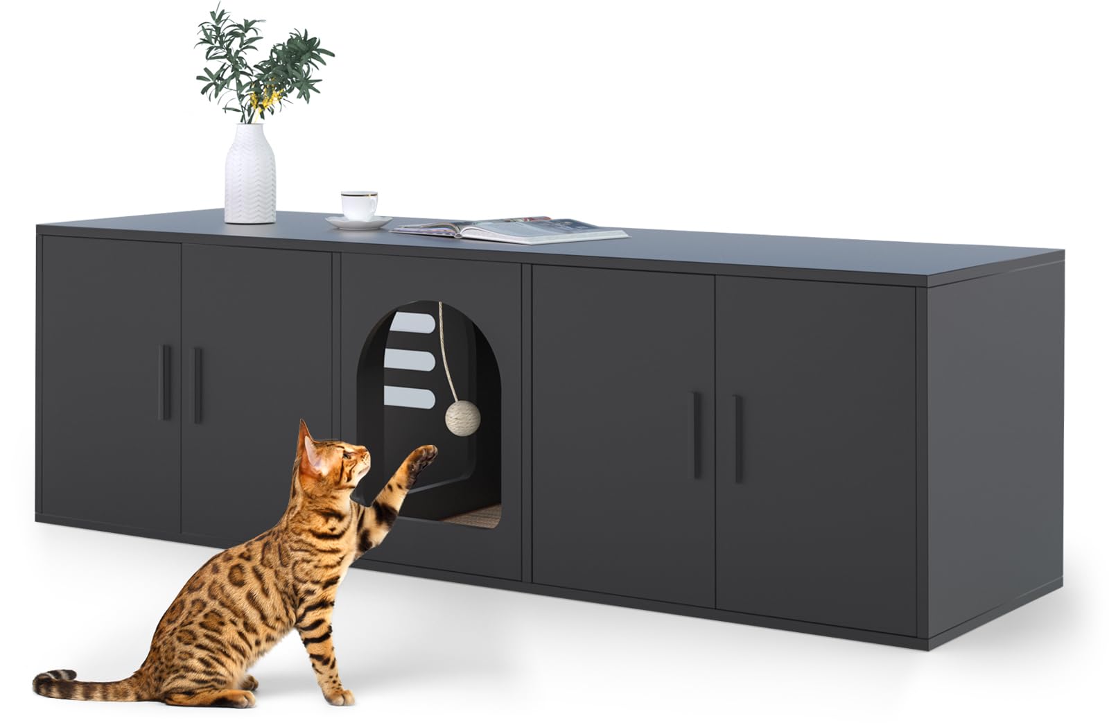 Wooden Cat Litter Box Enclosure Furniture for 2 Cats - Double Room Design with Cat Door - Black - Perfect for Home, Apartment & Small Spaces