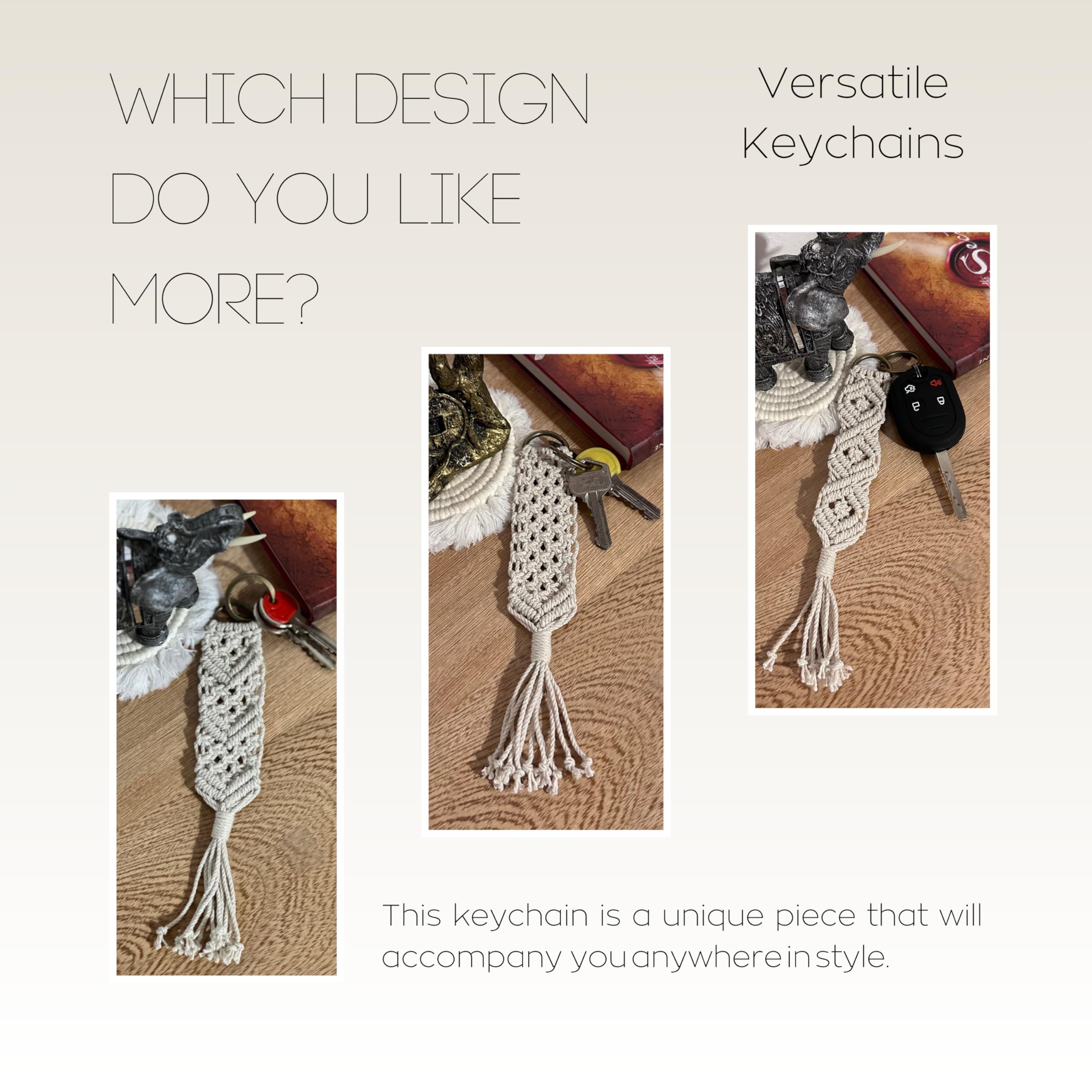 Macrame Keychain for Women - Handwoven Cotton Cord with Metal Ring & Tassel - 8 Inch Boho Style Key Holder - Perfect for Keys, Bags & Gifts - ATM Double V Design Keychain for Everyday Use