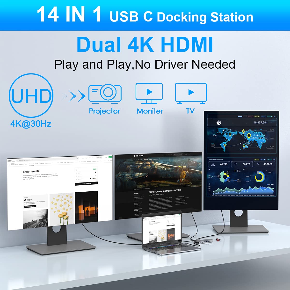 14-in-1 USB C Docking Station with Quadruple Display (2x HDMI + DP) - 4K Dual HDMI, DisplayPort, PD 3.0, USB-C, Ethernet, Audio, SD/TF Card Reader, 5 USB Ports - Compatible with MacBook Pro/Air, Windows Laptops - Perfect for Home Office, Gaming & Multi-Screen Productivity