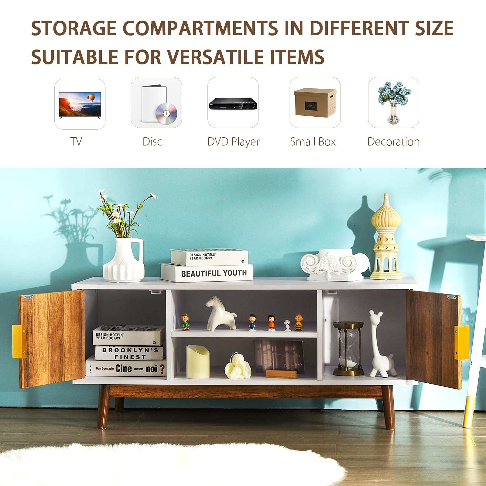 65 Inch Wooden TV Stand with Storage - Farmhouse Style Media Console for Living Room & Bedroom | 2 Cabinets & 2 Shelves Entertainment Center | White & Brown TV Stand for Home Theater Setup & Family Movie Nights