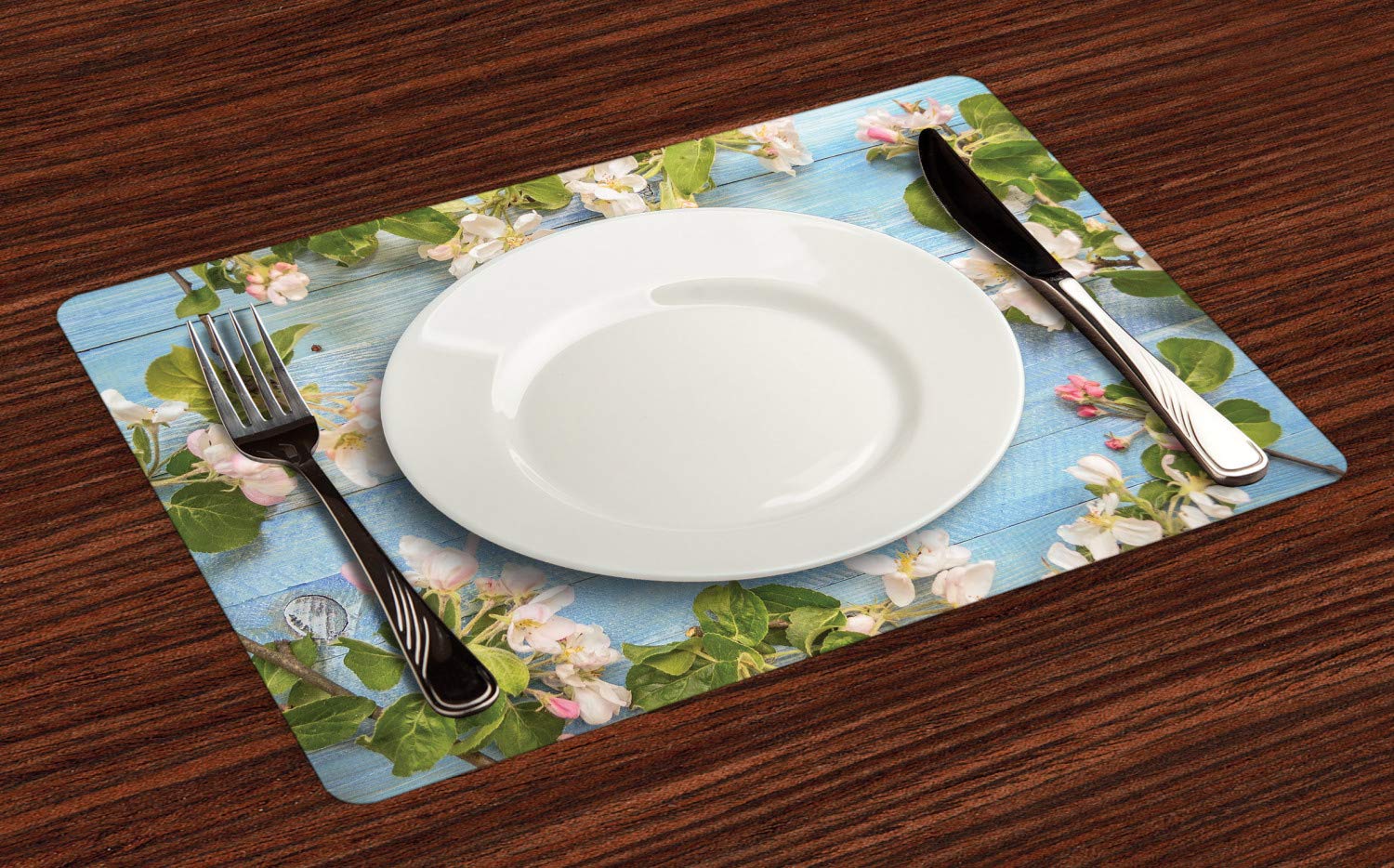Ambesonne Rustic Place Mats Set of 4 - Vintage Floral Spring Design with Garden Scene, Washable Fabric Table Mats for Dining Room Decor, Standard Size in Pale Blue & Green - Perfect for Spring Parties, Romantic Dinners & Farmhouse Style Home Decor