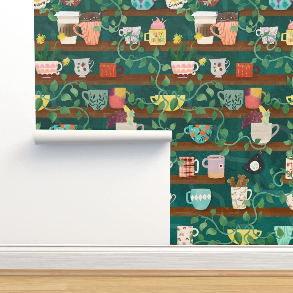 Peel & Stick Wallpaper 9ft x 2ft - Teal Fruit & Coffee Mug Design | Removable Custom Wallpaper for Kitchen, Bedroom & Home Decor | Dog & Plant Patterns by Spoonflower