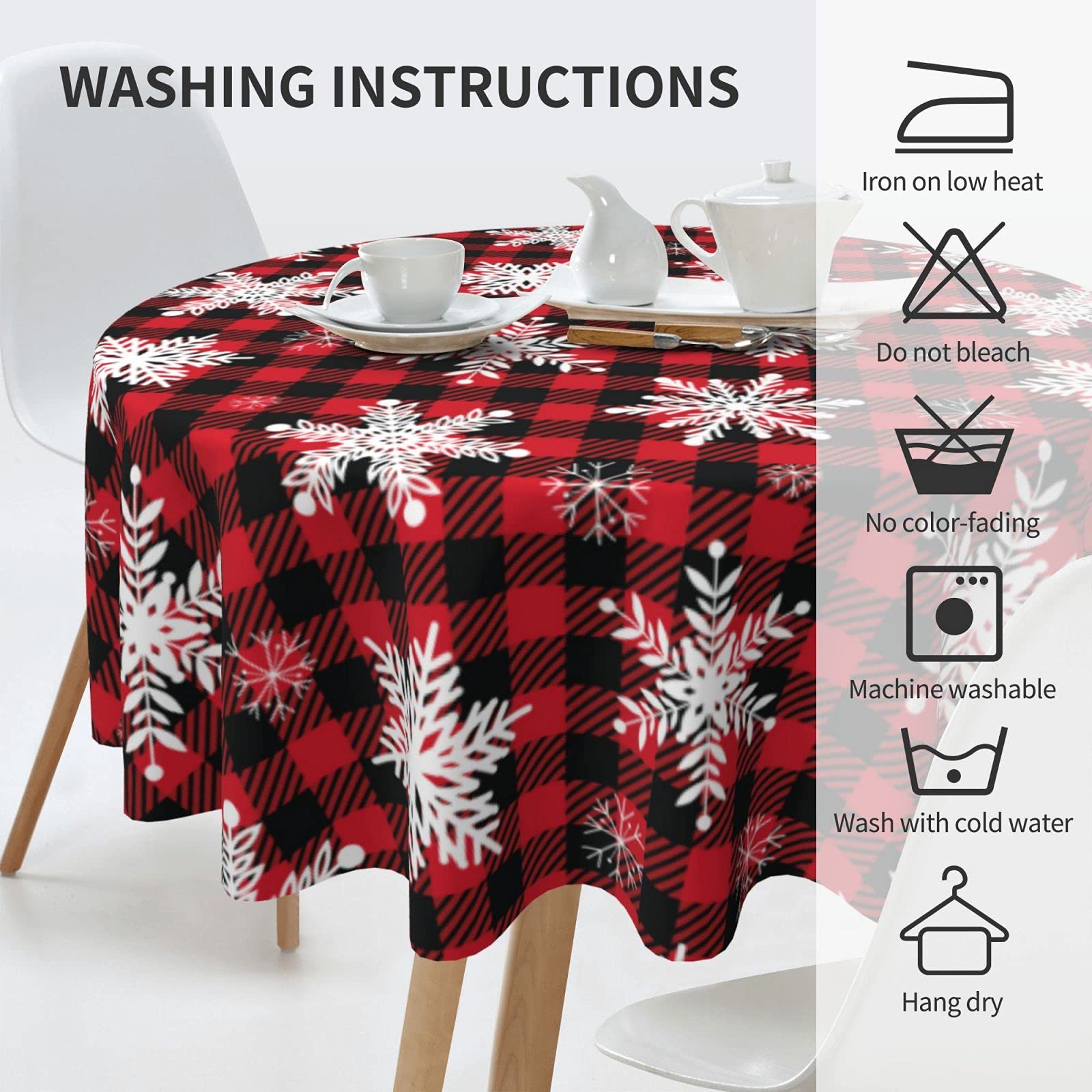 60 Inch Red Black Buffalo Plaid Christmas Tablecloth - Waterproof Polyester Holiday Table Cover with Snowflake Design for Dining Room, Kitchen, Party, Picnic & Patio Decor | Festive Winter & Xmas Decorations