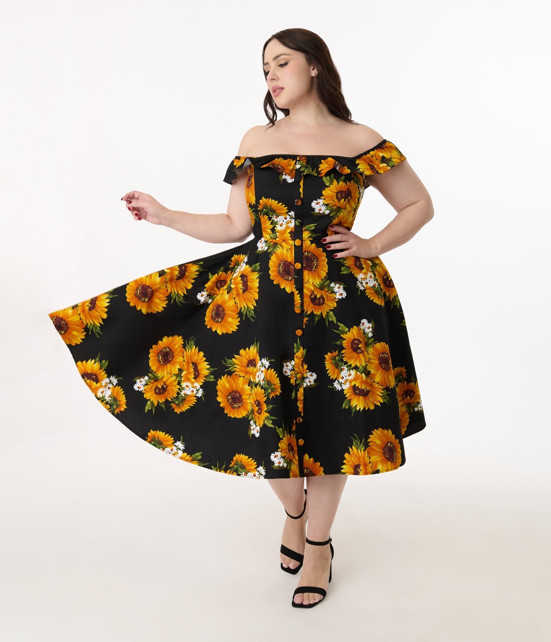 Magnolia Place Plus Size Sunflower Print Barbara Swing Dress for Women - Flowy Summer Midi Dress with V-Neck & Puff Sleeves - Perfect for Beach Vacations, Garden Parties & Casual Outings