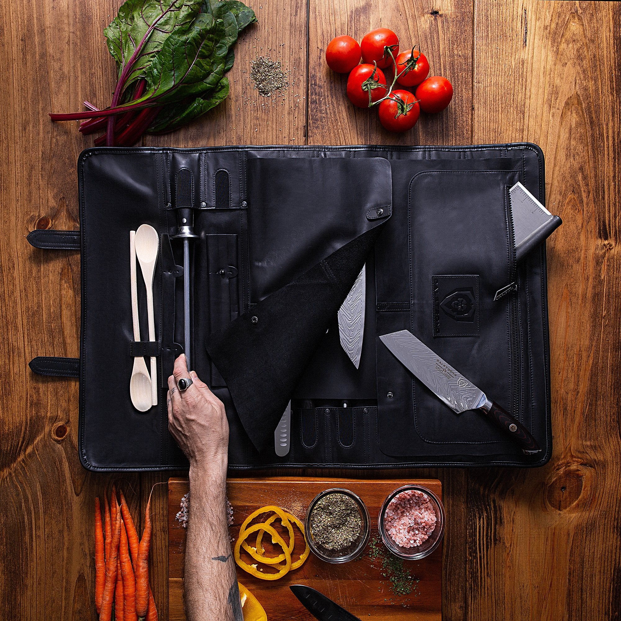 Premium Full Grain Leather Vagabond Knife Roll - Midnight Black | Dalstrong Professional Chef Knife Case for Travel & Kitchen Storage