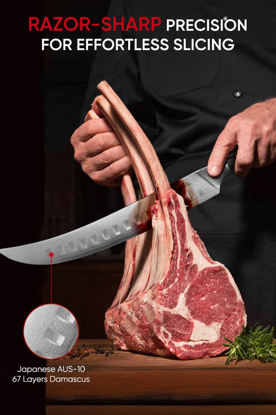 10 Inch Japanese Damascus Butcher Knife - Professional Meat Cutting & Slicing Knife with Full Tang G10 Handle, Perfect for Chefs & BBQ Enthusiasts - Ideal for Home Kitchens, Restaurants & Outdoor Cooking (Quartz Series, Gift Box Included)