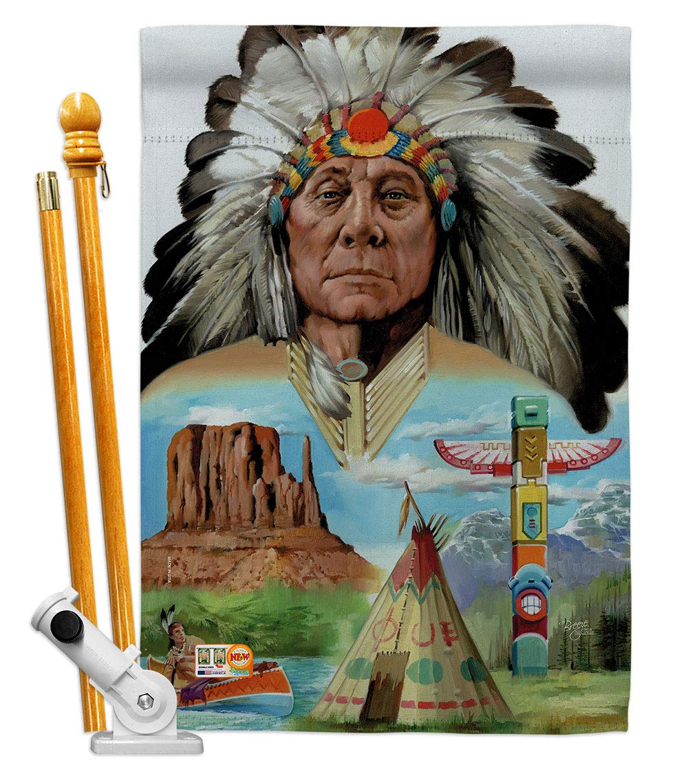 Native American Patriotic House Flag Set 28x40 with Pole - Outdoor Decor