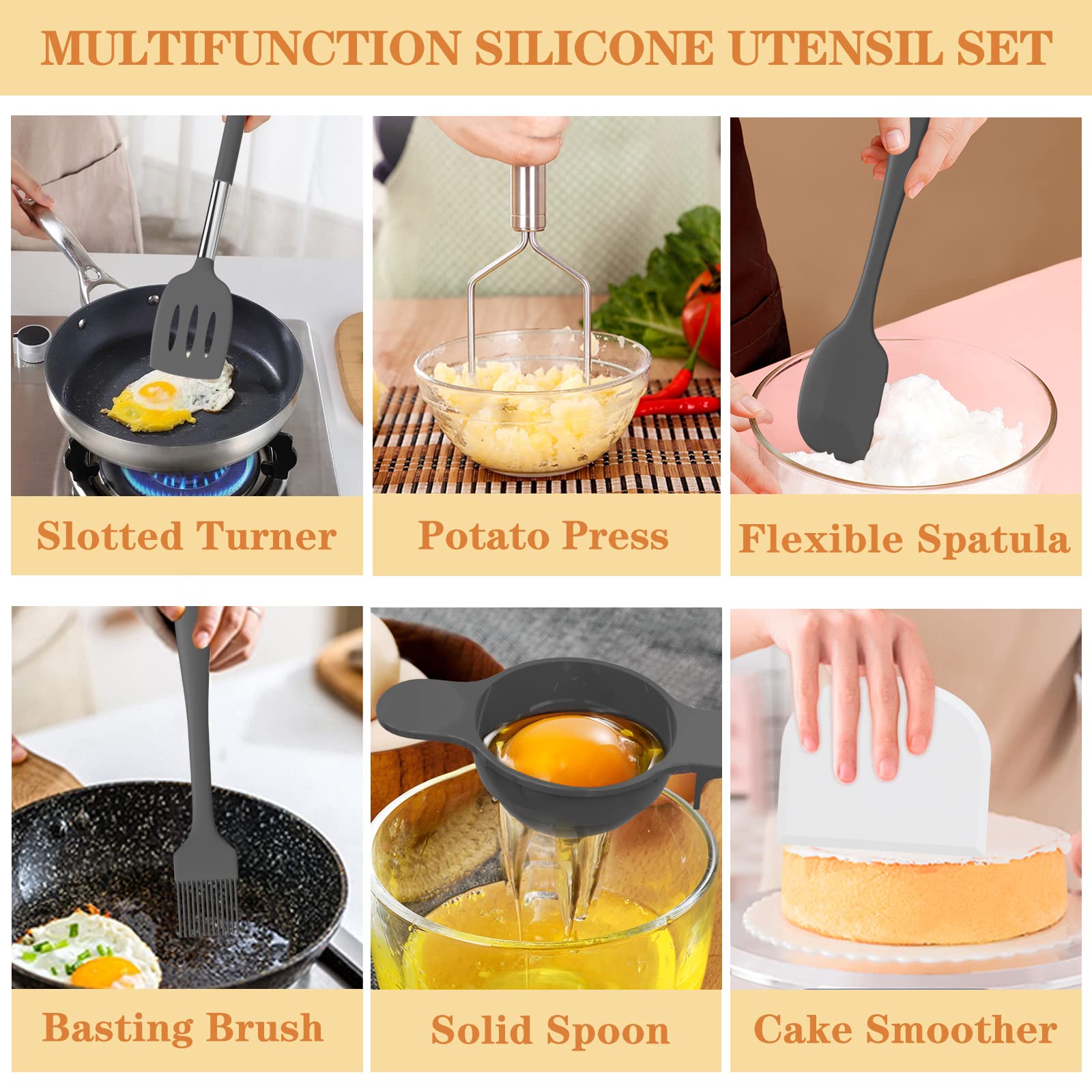 **Umite Chef 43-Piece Silicone Cooking Utensil Set with Stainless Steel Handles – Heat-Resistant Kitchen Tools for Nonstick Cookware, Pots & Pans – Perfect for Baking, Frying & Everyday Cooking (Grey)**