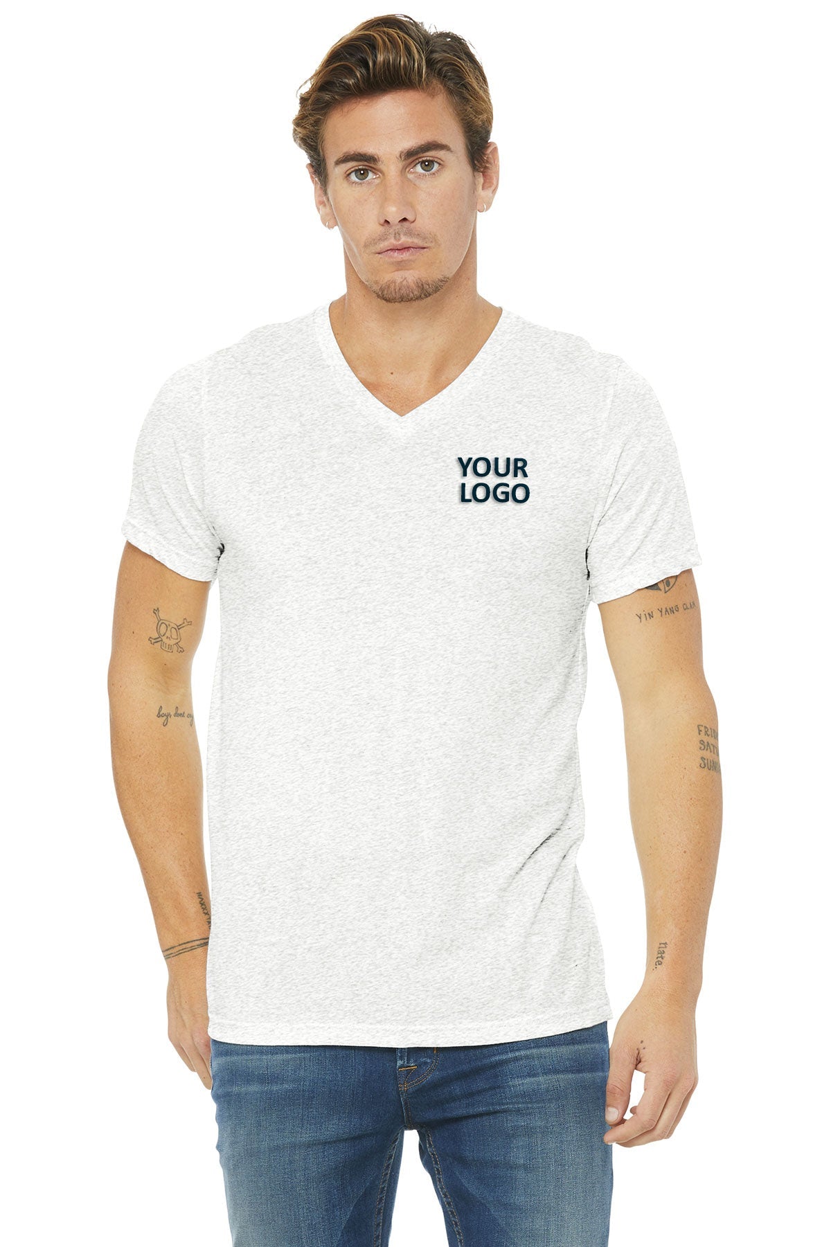 Bella Canvas Unisex Triblend V-Neck T-Shirt - Soft Comfortable Tee for Men & Women - White Fleck - Perfect for Casual Wear, Layering & Everyday Outfits