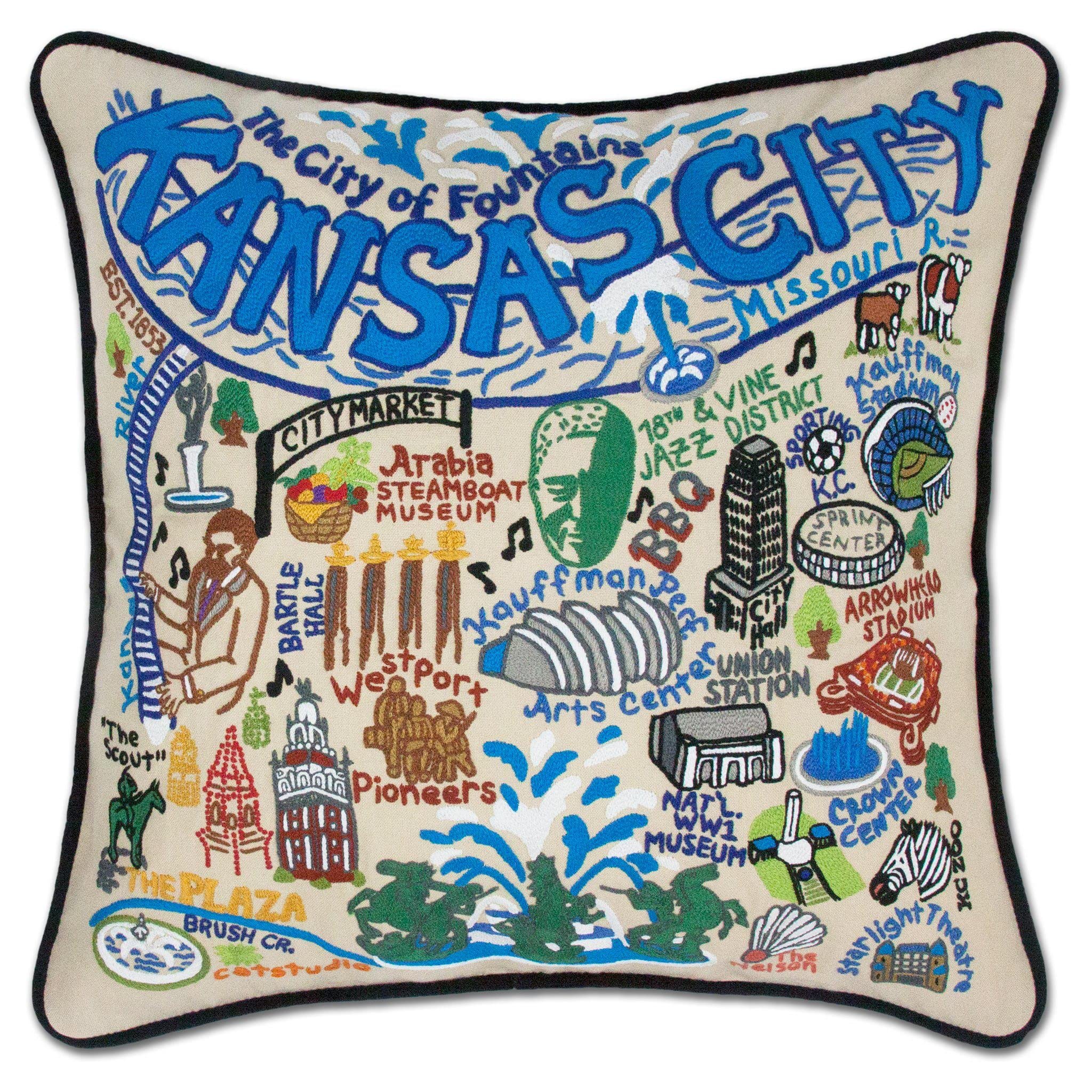 Kansas City Embroidered Decorative Throw Pillow - Catstudio Home Decor Accent Cushion for Sofa, Bed, Living Room & Office