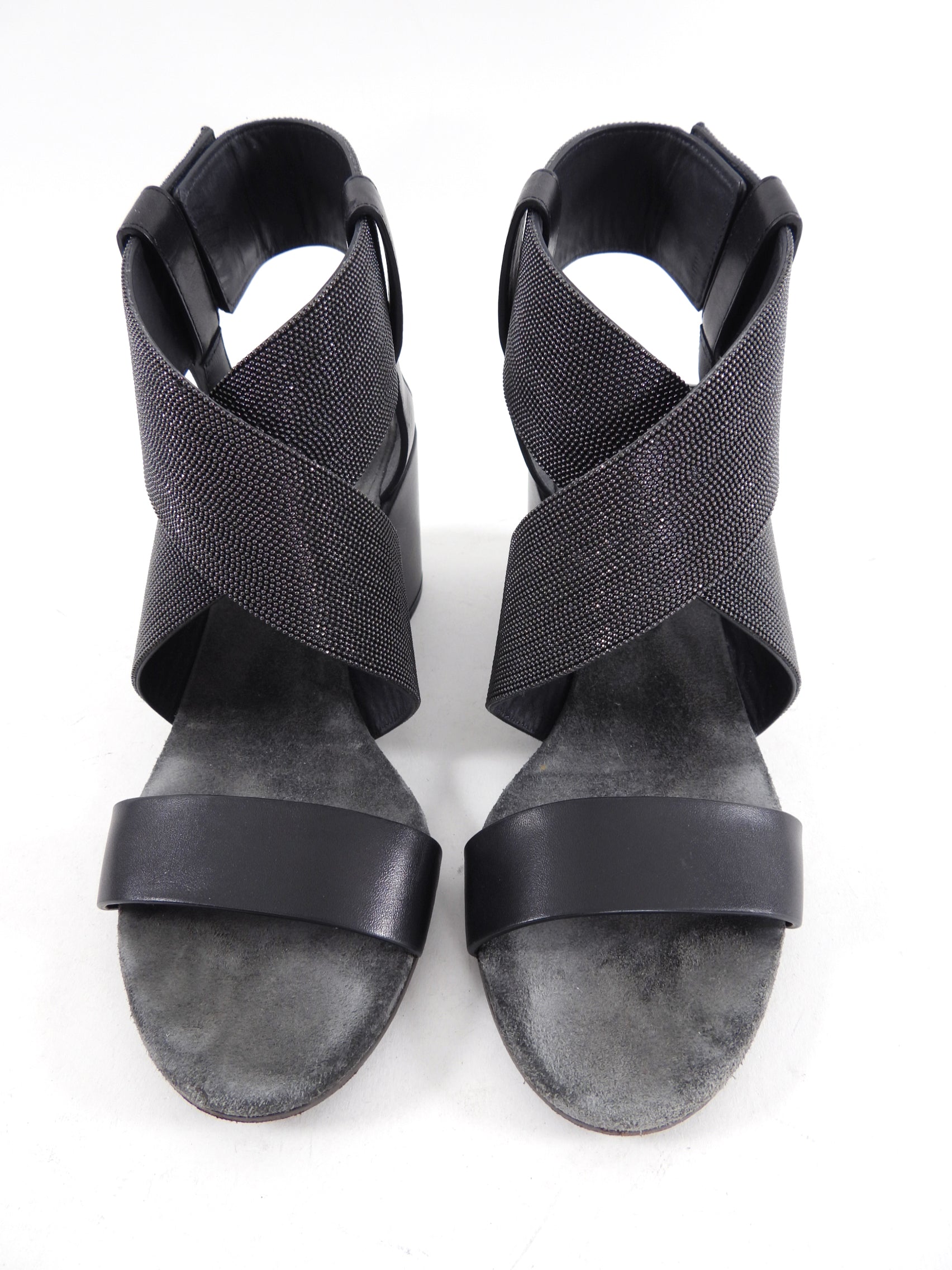 Brunello Cucinelli Grey Leather Block Heel Sandals Women's Size 37 | Luxury Italian Designer Shoes for Women | Perfect for Weddings, Parties & Summer Outfits