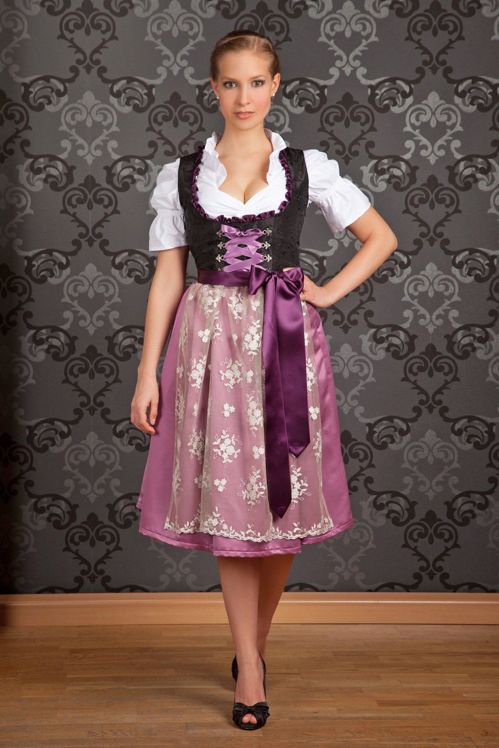 Bavarian Women's Midi Dirndl Dress 2-Piece Set with Apron - Black & Purple Traditional German Costume for Oktoberfest, Halloween & Cultural Events