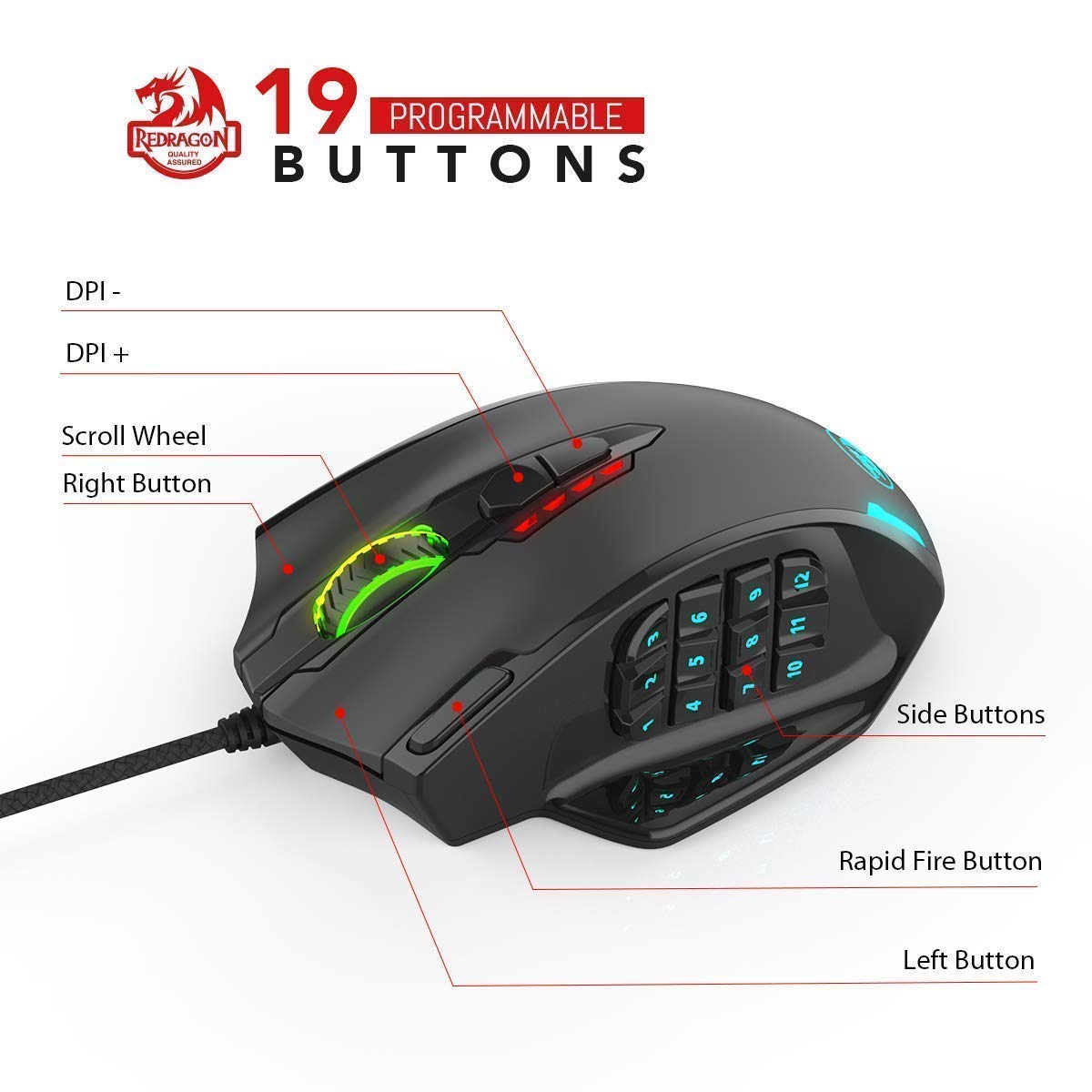 Redragon K556 RGB Mechanical Gaming Keyboard & M908 MMO Gaming Mouse Combo - Wired Backlit Keyboard with Blue Switches & Programmable Mouse for PC Gamers - Perfect for FPS, MMO, and Esports Gaming