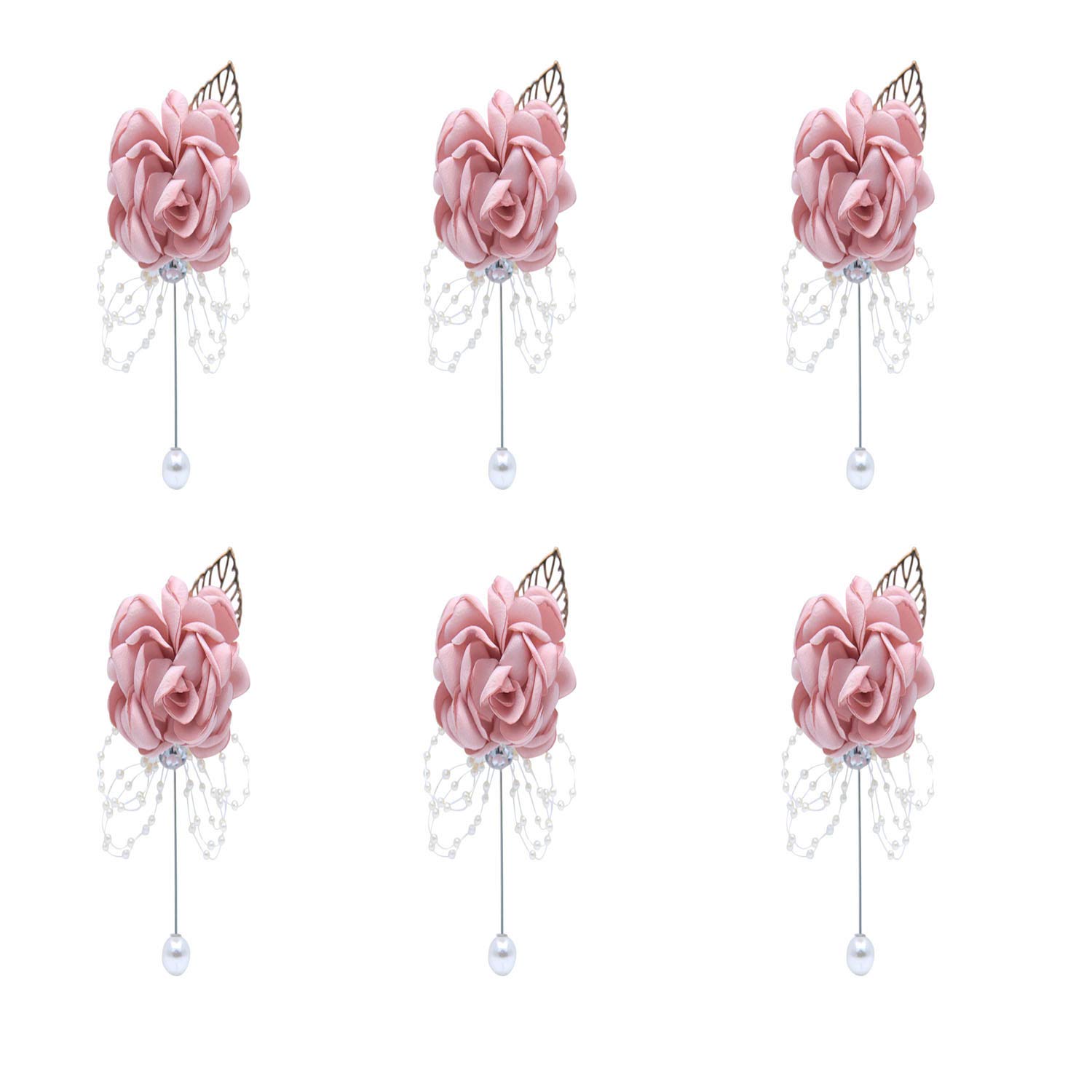 Flonding Boutonniere Set of 6 - Premium Groom & Groomsmen Wedding Boutonnieres Flower Corsage for Best Man - Champagne Pink Boutineer for Suit Decoration - Perfect for Weddings, Proms & Formal Events
